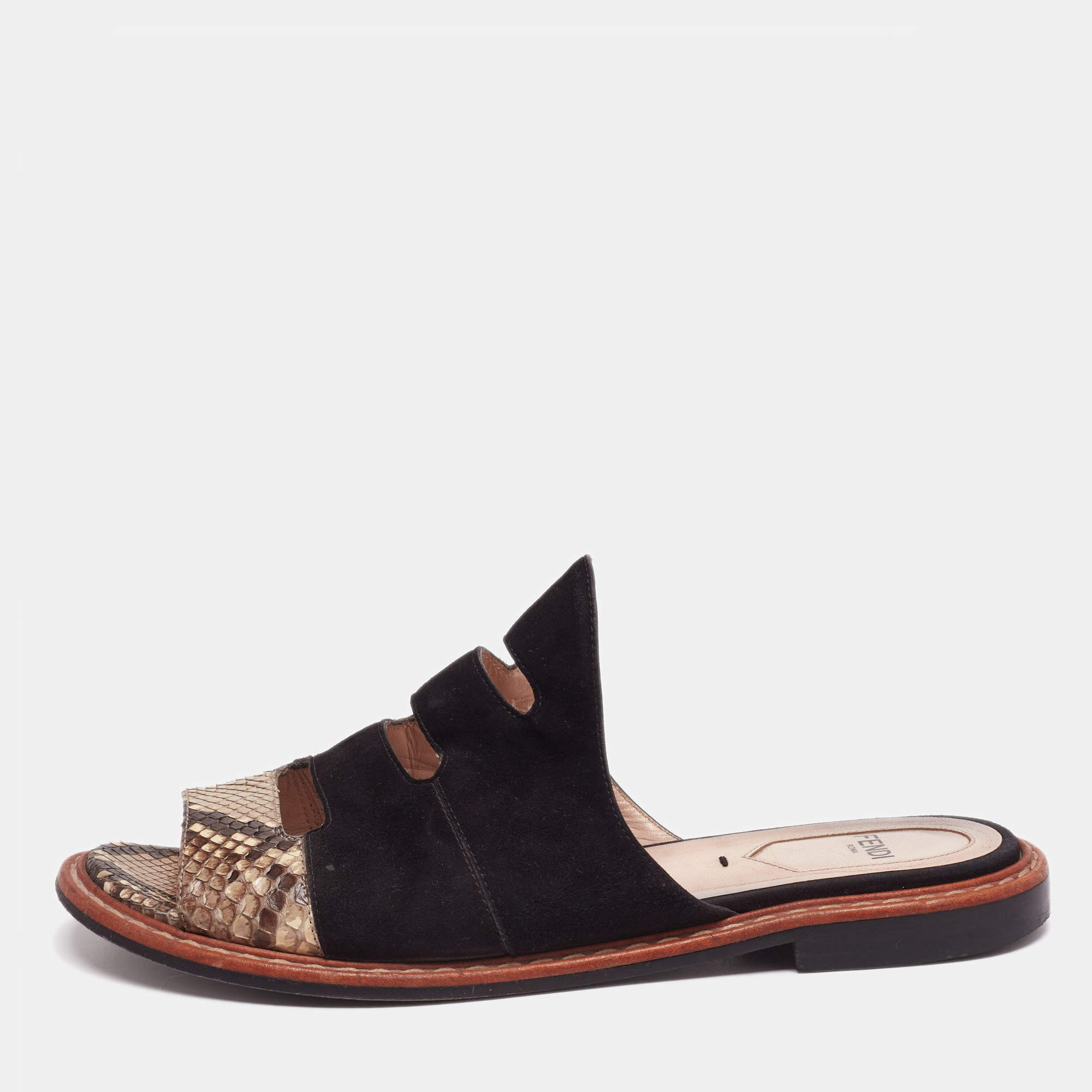 Pre Owned Fendi Black/Beige Suede And Python Cut Out Flat Slide Sandals Size 37