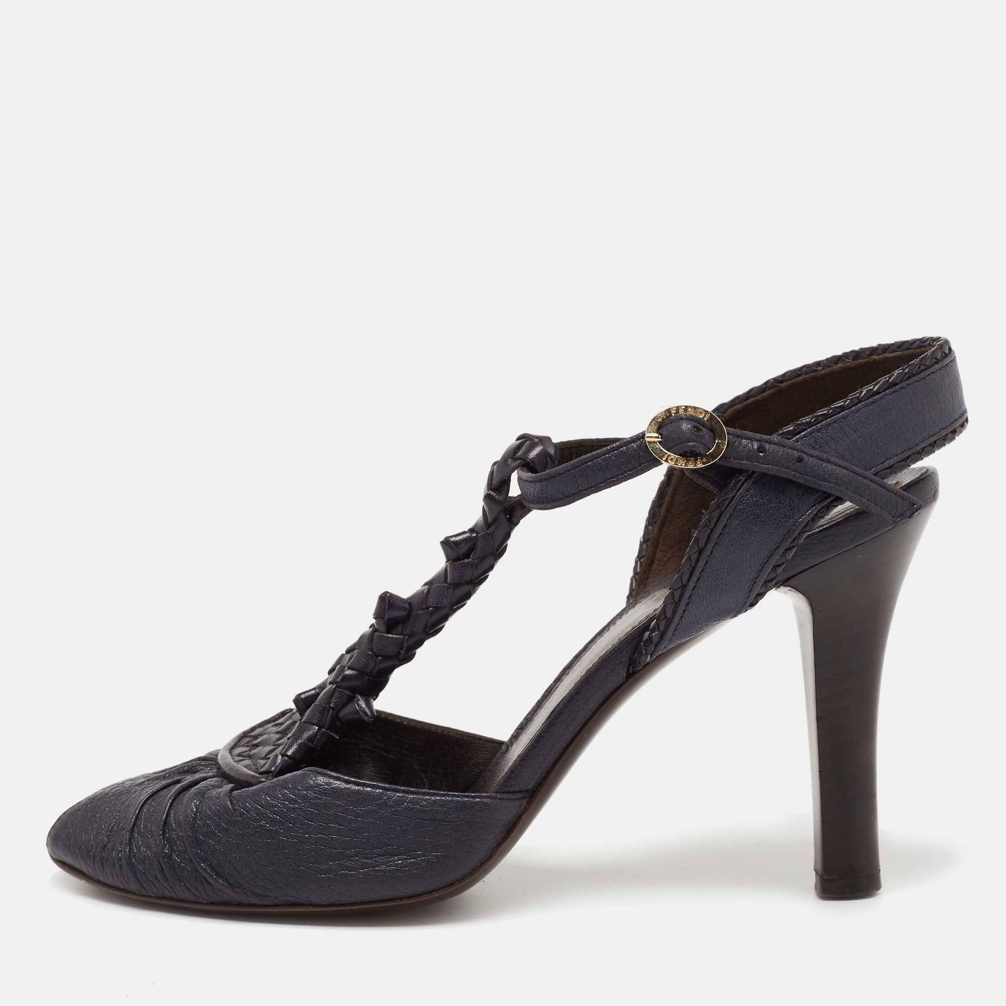 Pre Owned Fendi Navy Blue Leather T-Strap Peep Toe Ankle Strap Sandals Size 38.5