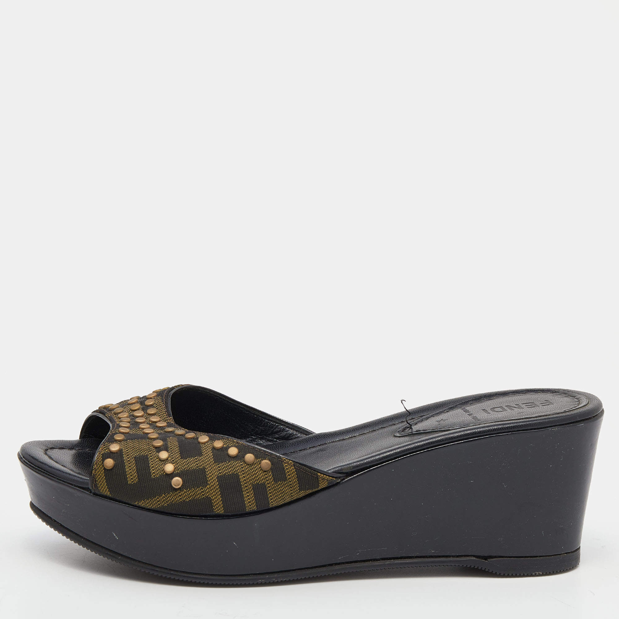 Fendi Tobacco Zucca Canvas Studded Platform Sandals Size 37