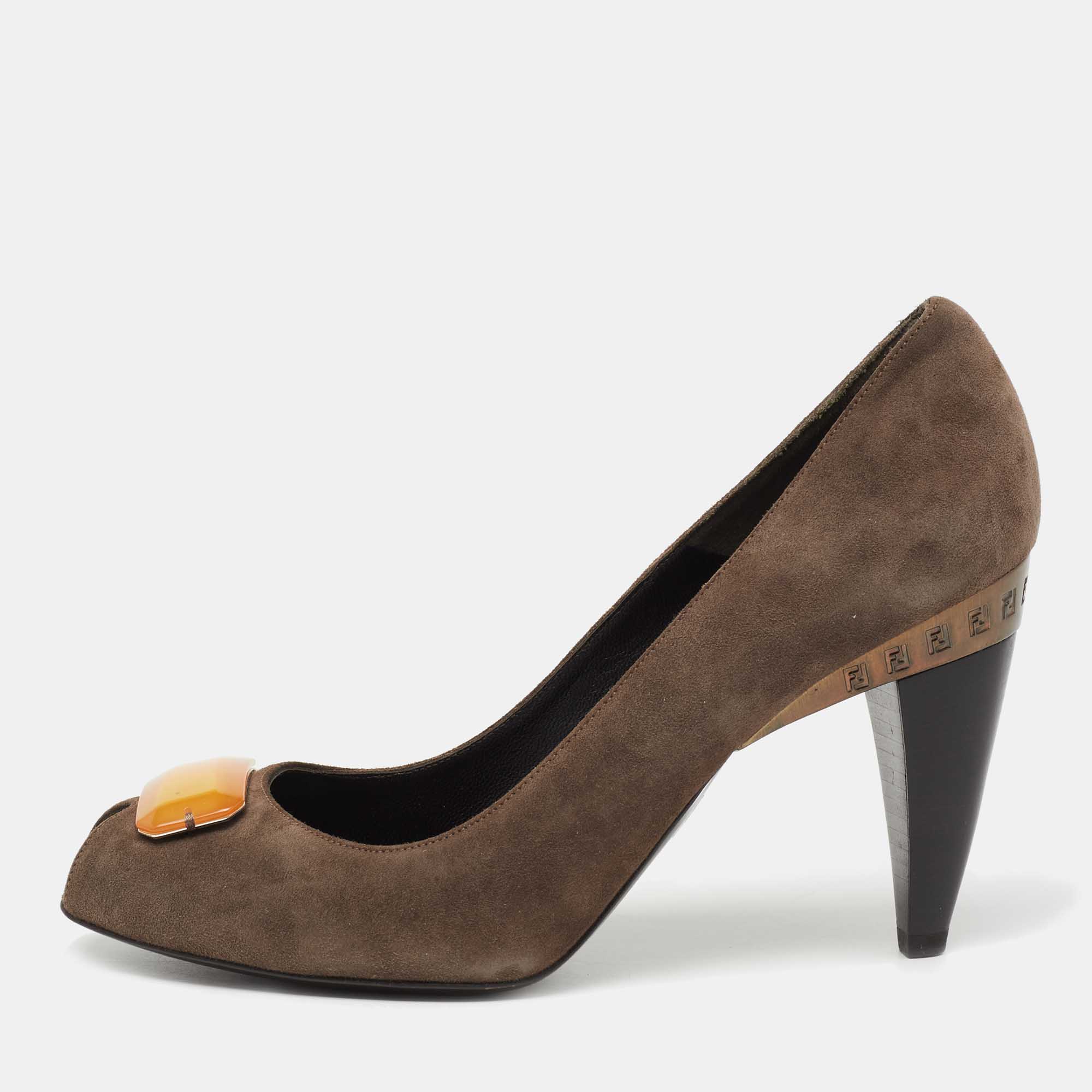 Pre Owned Fendi Brown Suede  Open Toe  Pumps Size 38