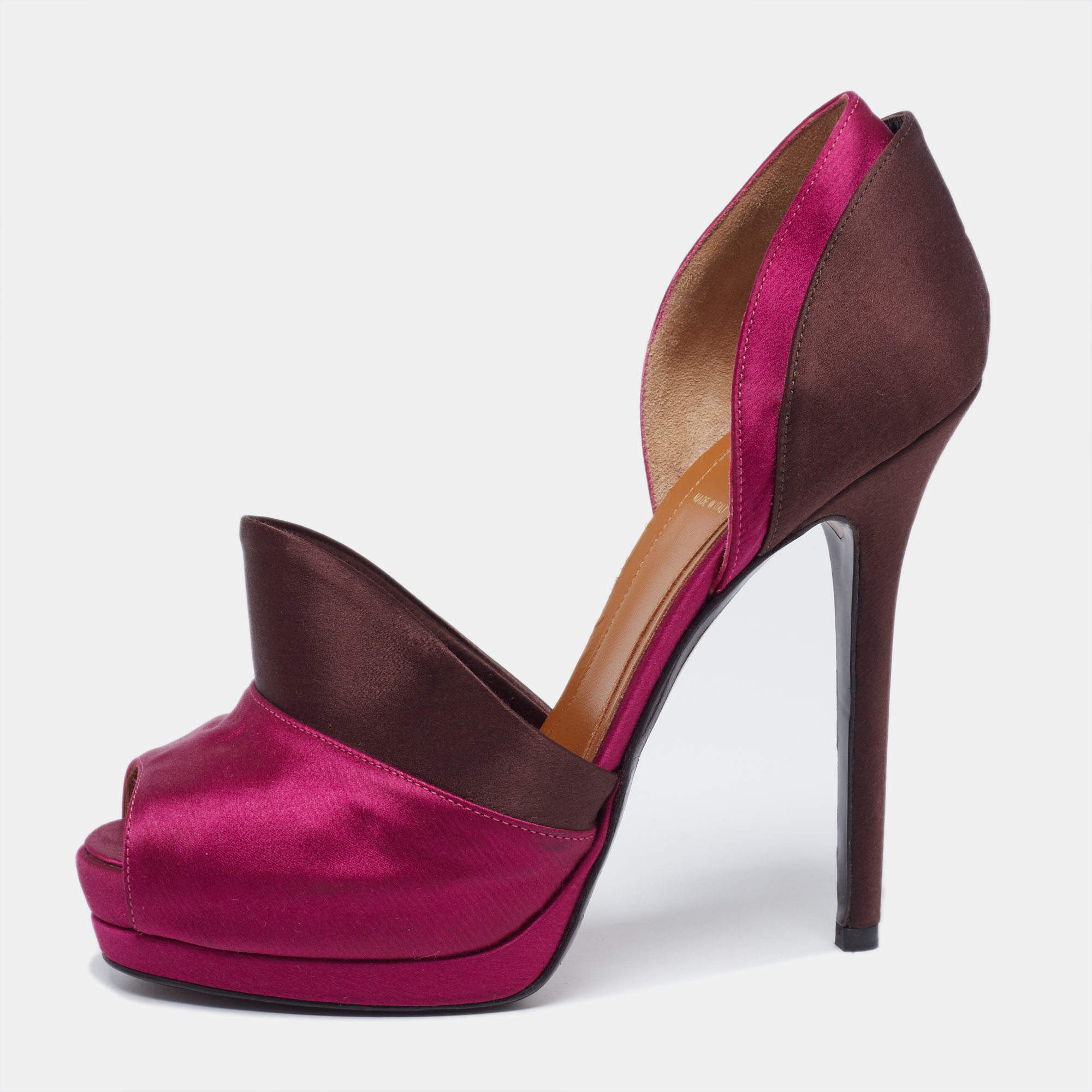 Fendi Magenta/Brown Satin Anemone D'orsay Peep-Toe Platform Pumps Size 38.5