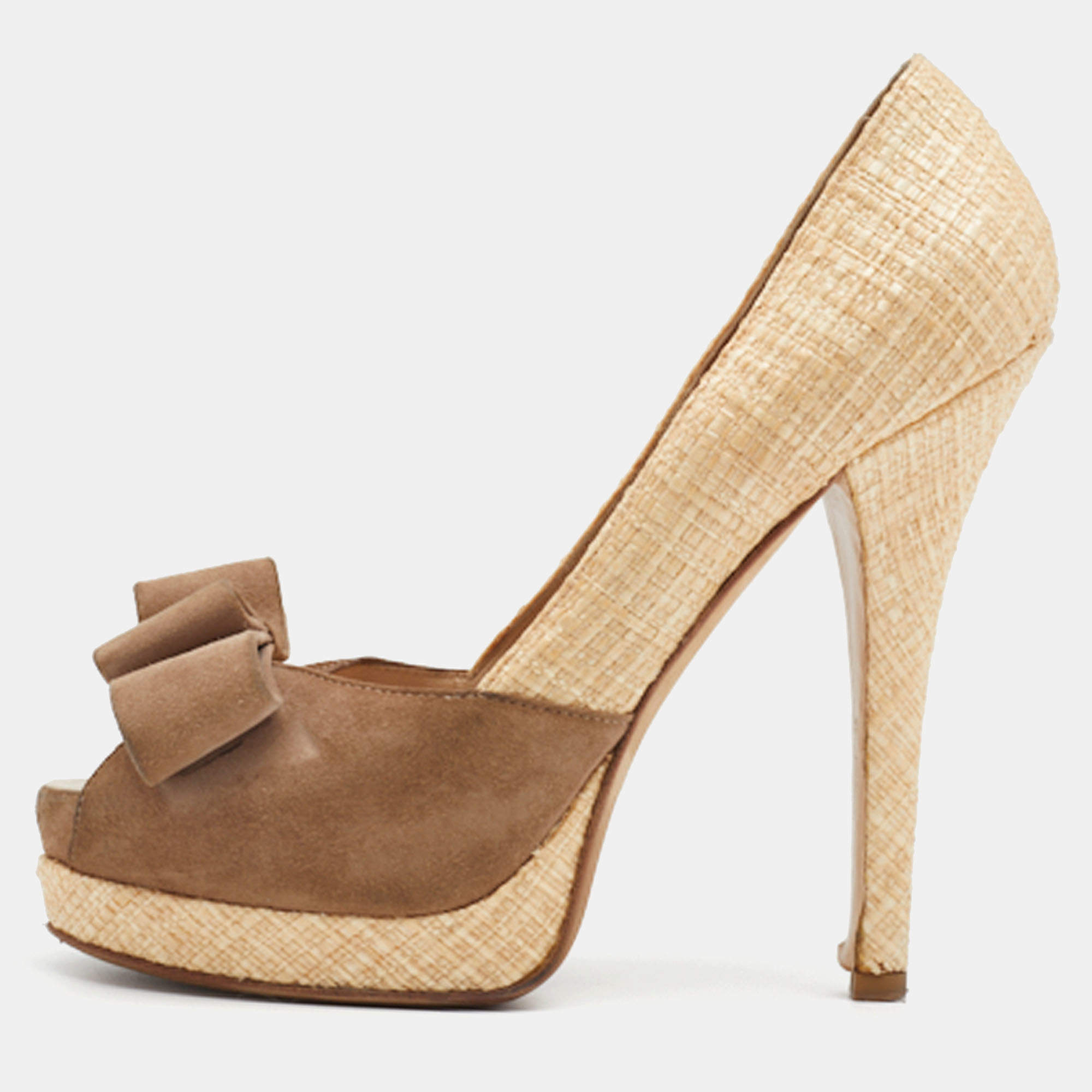 Pre Owned Fendi Beige/Brown Suede And Jute Bow Detail Peep Toe Platform Pumps Size 38