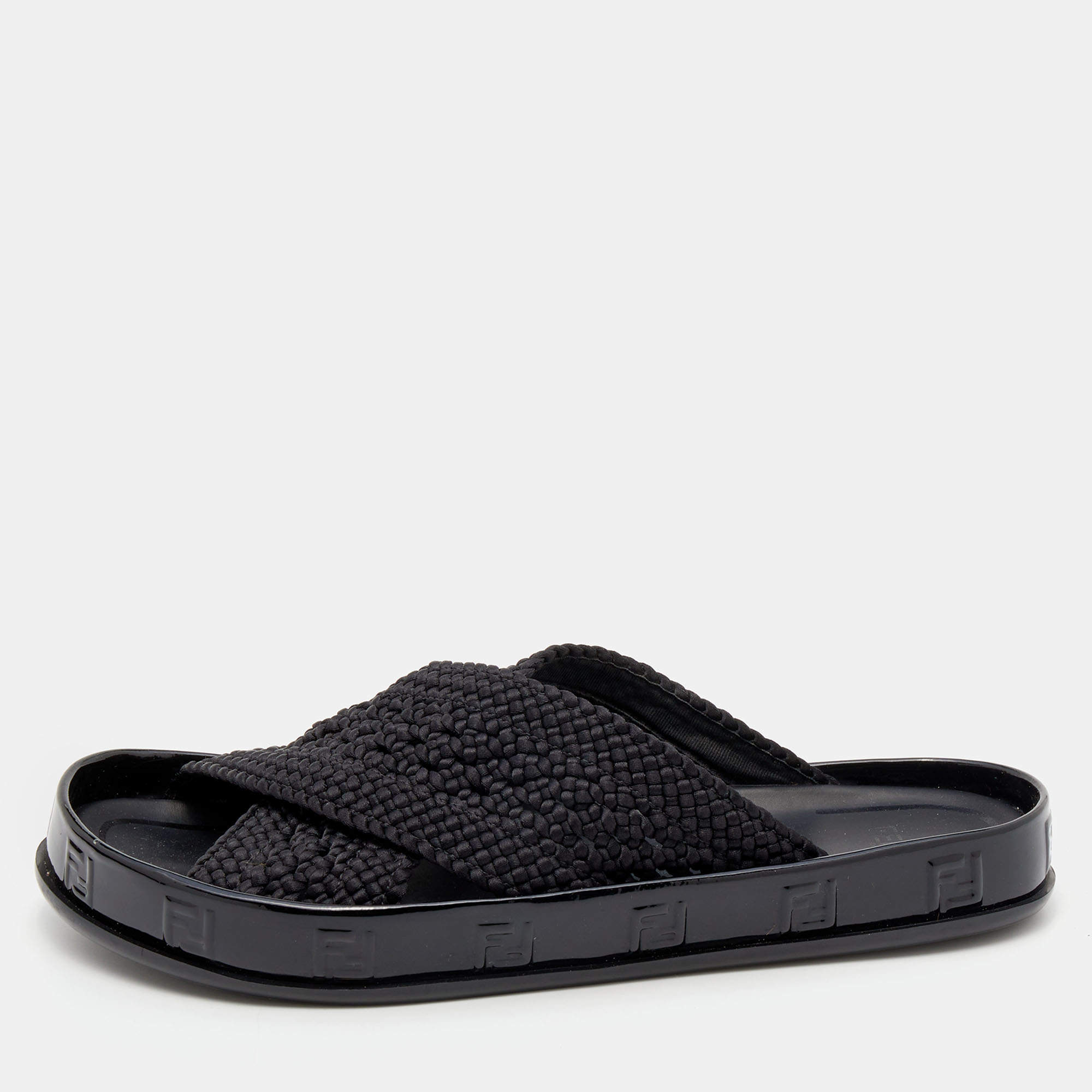 Pre Owned Fendi Black Crochet Criss Cross Flats Size 39 