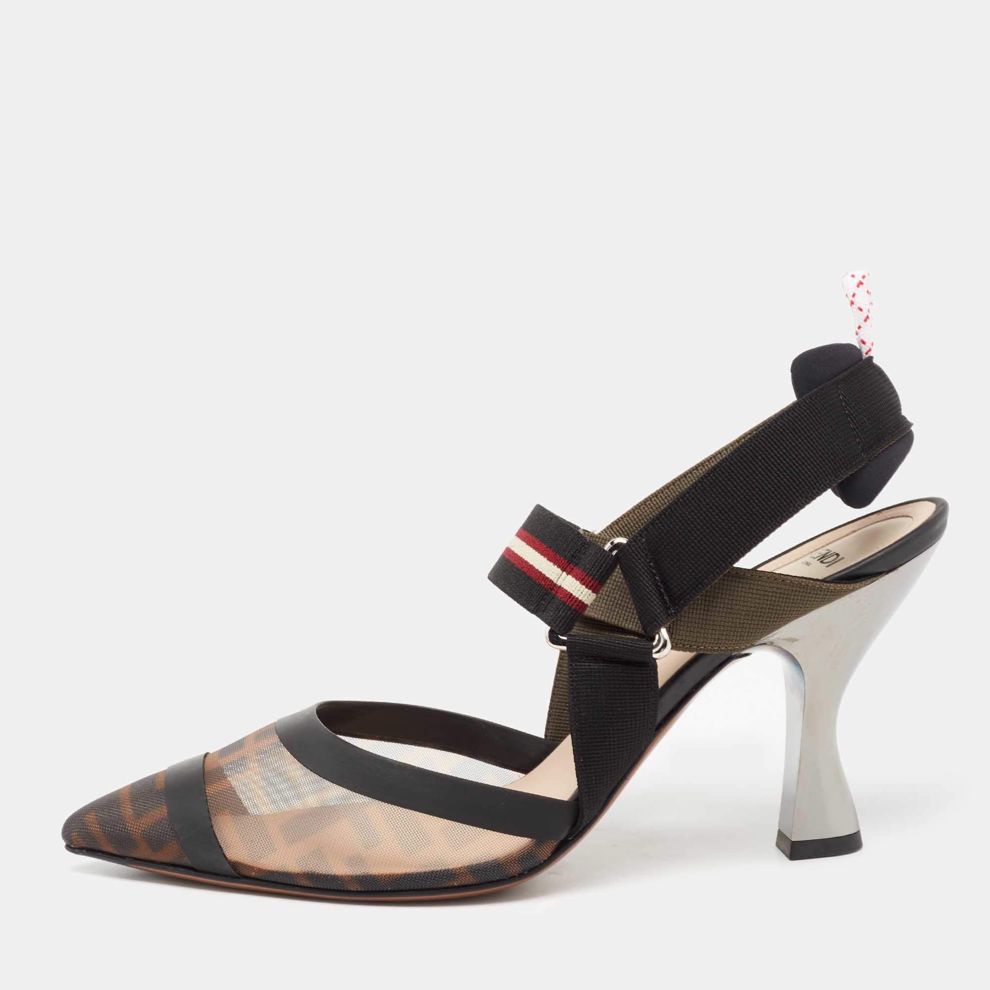 مملوكة مسبقًا Fendi Black/Brown Mesh And Canvas Colibri Slingback Pumps Size 40
