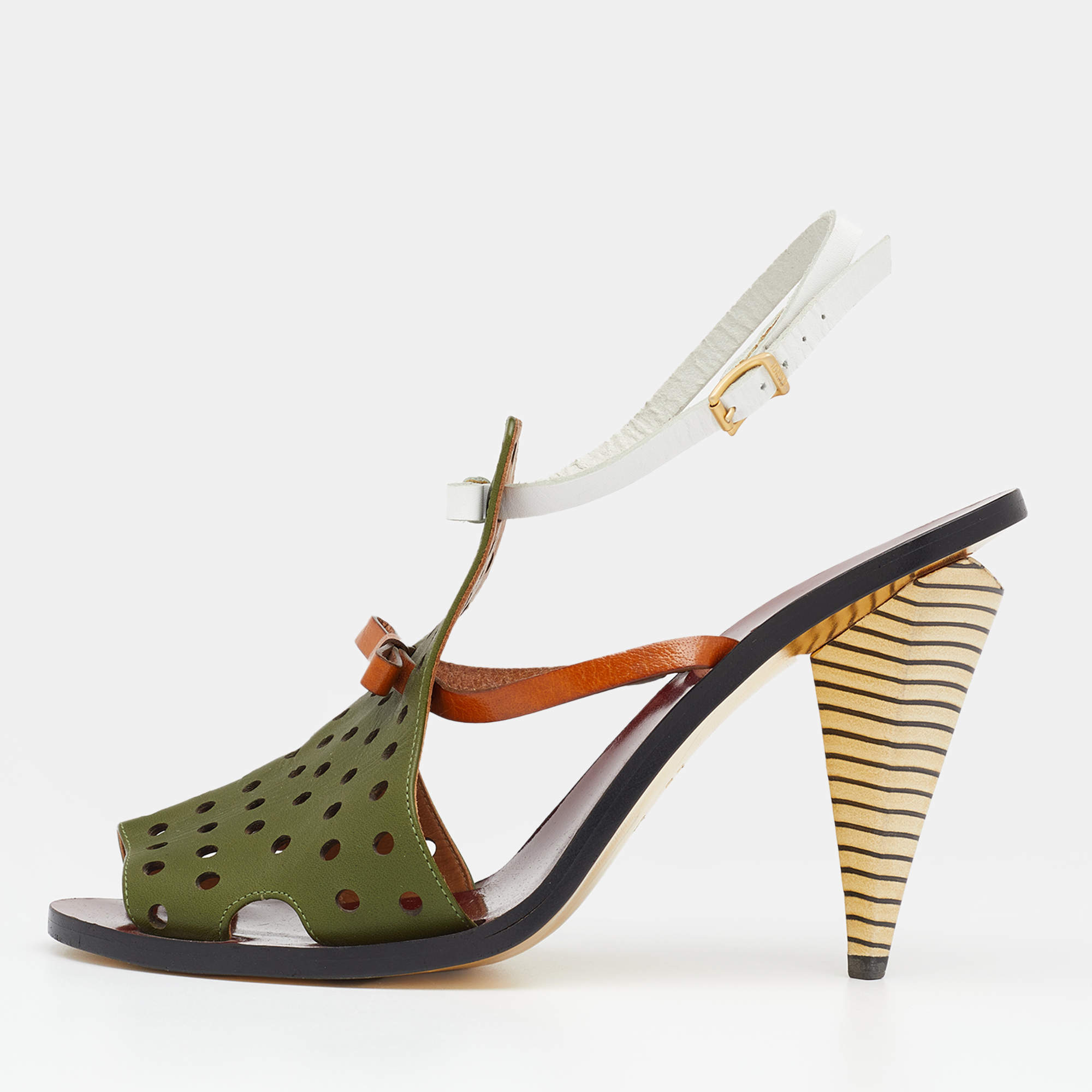 Pre Owned Fendi Multicolor Perforated Leather Bow Slingback Sandals Size 39.5