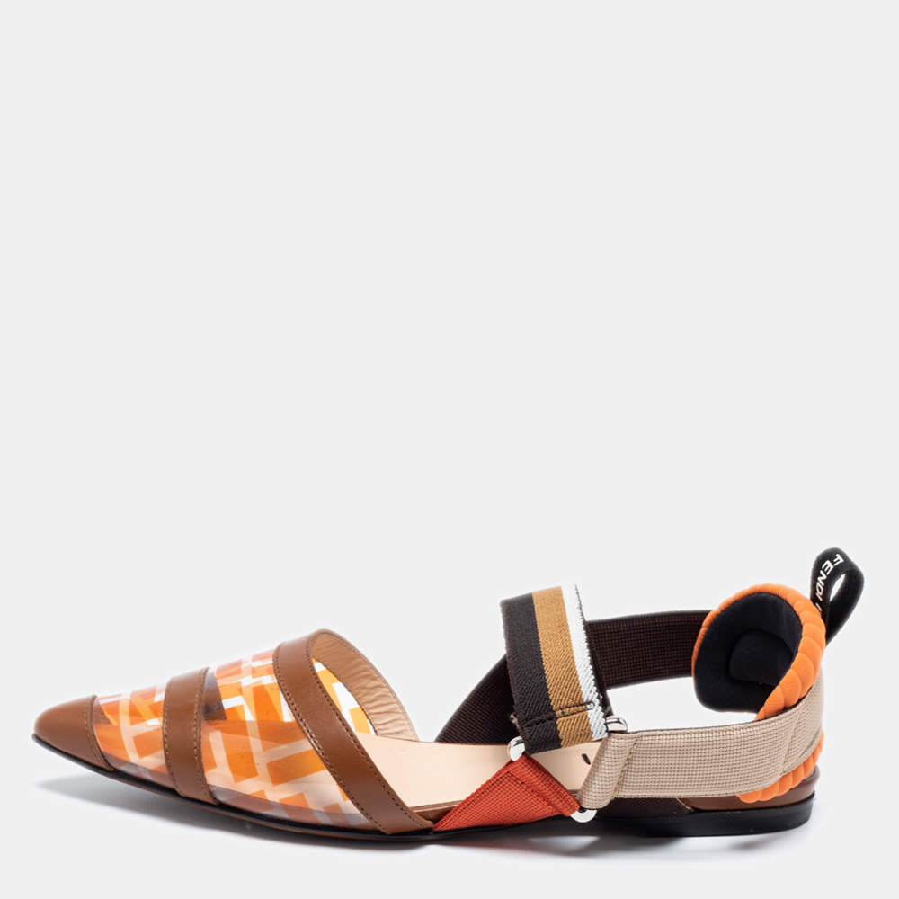 Pre Owned Fendi Orange/Brown Zucca PVC and Leather Colibri Slingback Flat Sandals Size 35