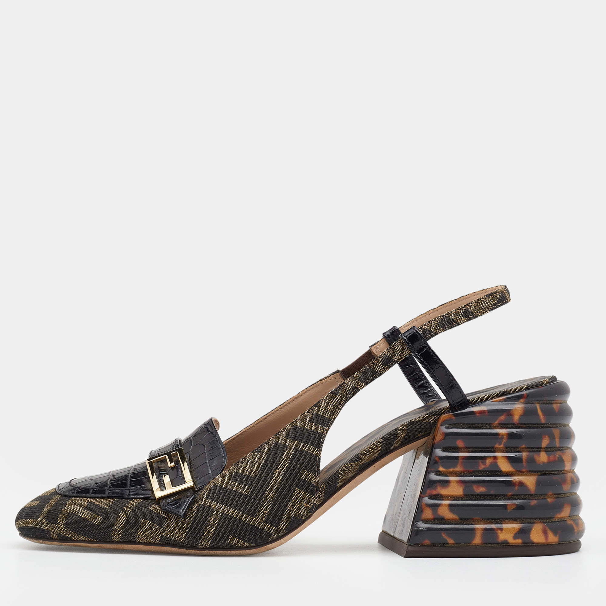 Pre Owned Fendi Tobacco/Black Zucca Canvas and Croc Embossed Leather Promenade Slingback Sandals Size 40
