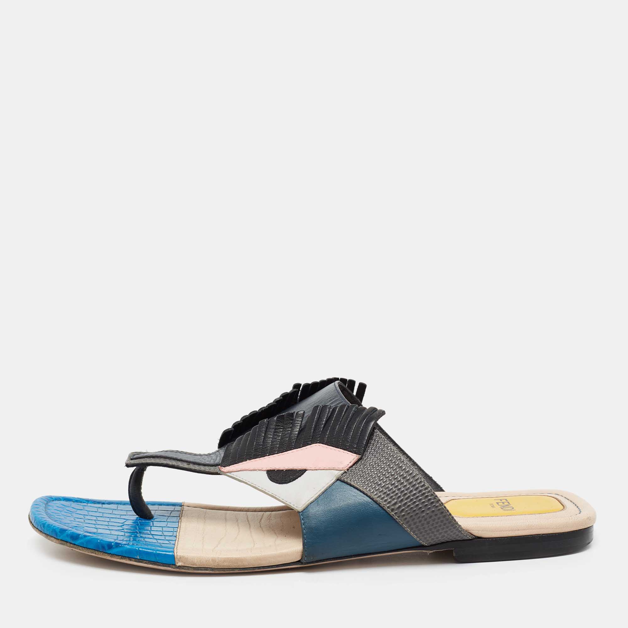 Pre Owned Fendi Multicolor Croc Embossed and Leather Bug Monster Thong Sandals Size 40