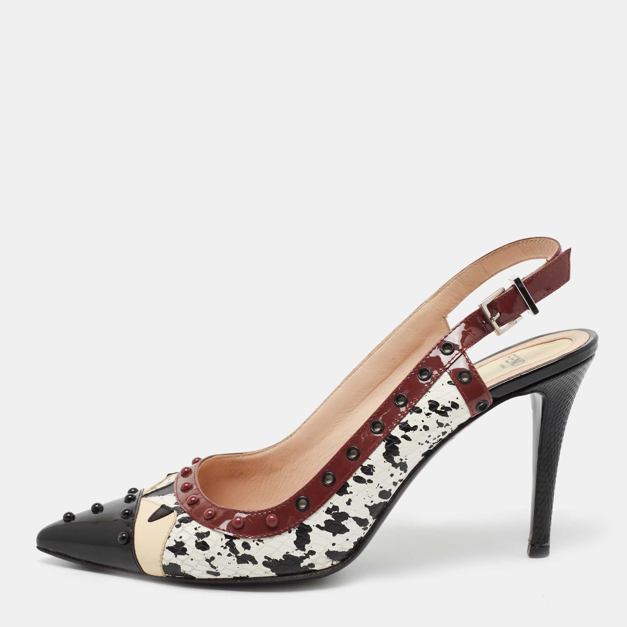 Pre Owned Fendi Multicolor Patent Leather and Python Embossed Leather Monster Eyes Studded Slingback Pumps Size 39