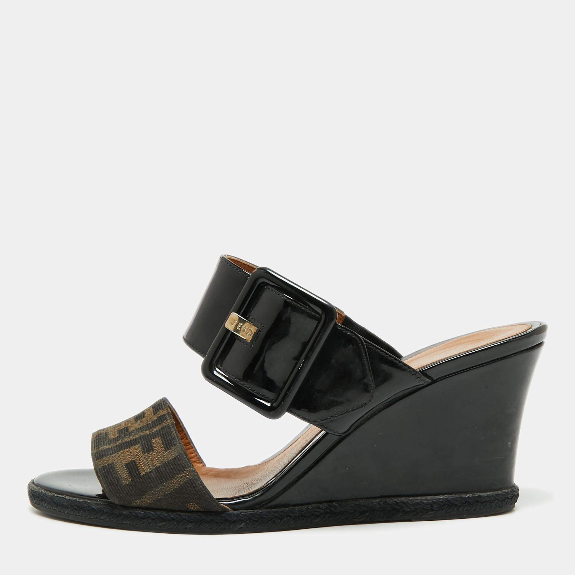 Pre Owned Fendi Brown/Black Zucca Canvas and Patent Leather Wedge Slide Sandals Size 37.5