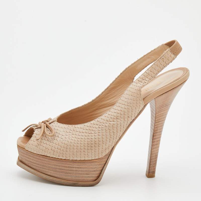 Pre Owned Fendi Beige Python Embossed Leather Fendista Peep Toe Platform Slingback Sandals Size 40