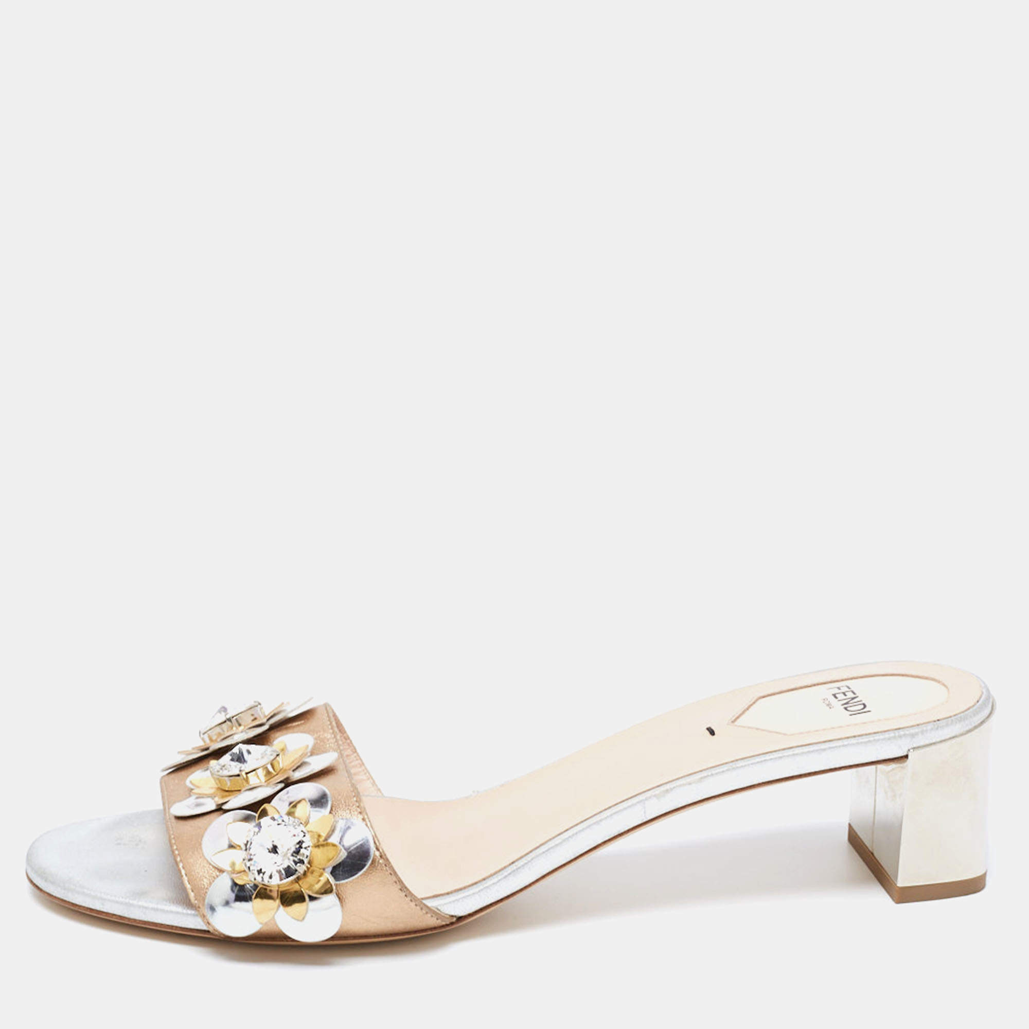 Pre Owned Fendi Bronze Leather Flowerland Embellished Block Heel Slide Sandals Size 40
