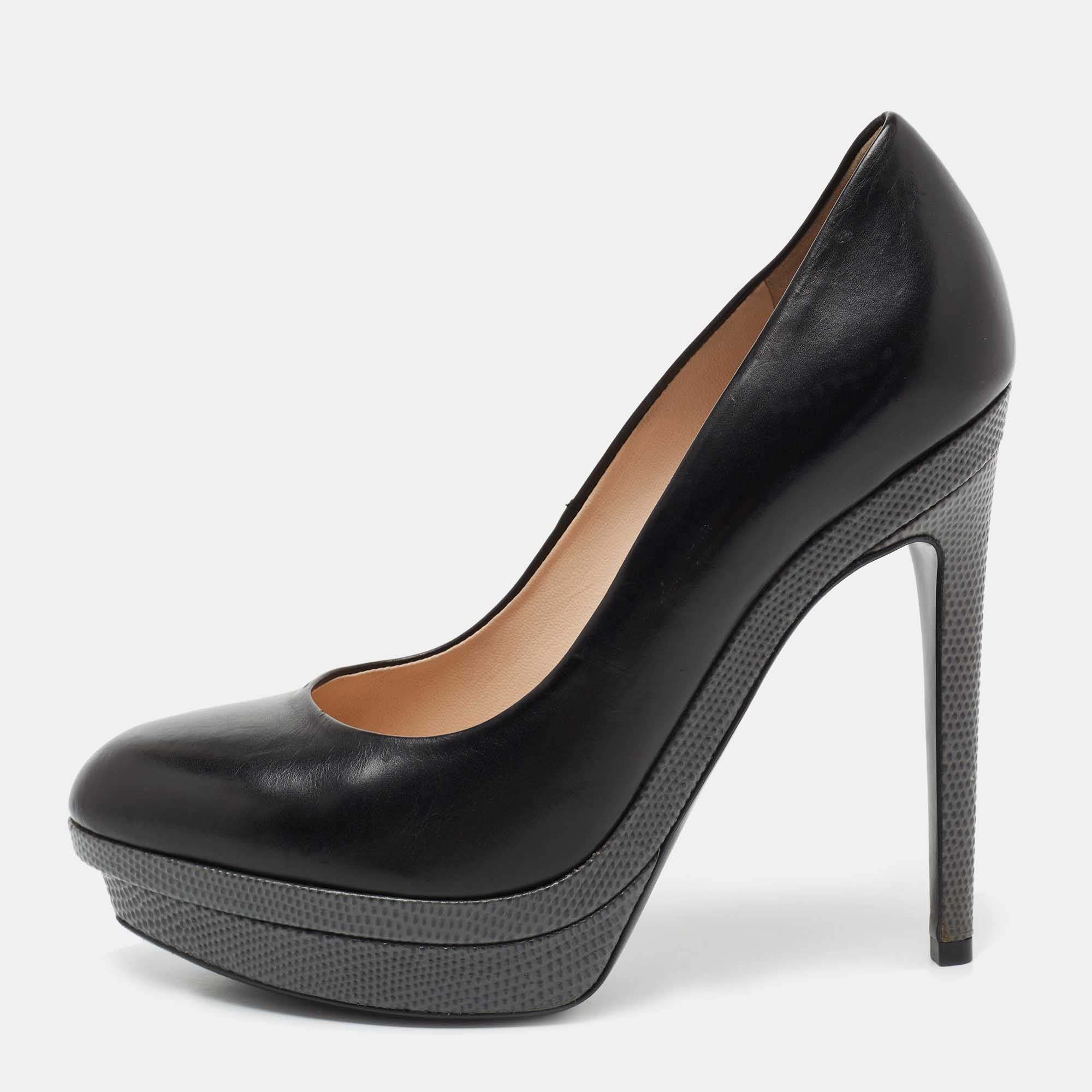 Pre Owned Fendi Black/Grey Leather and Lizard Embossed Heel Platform Pumps Size 37
