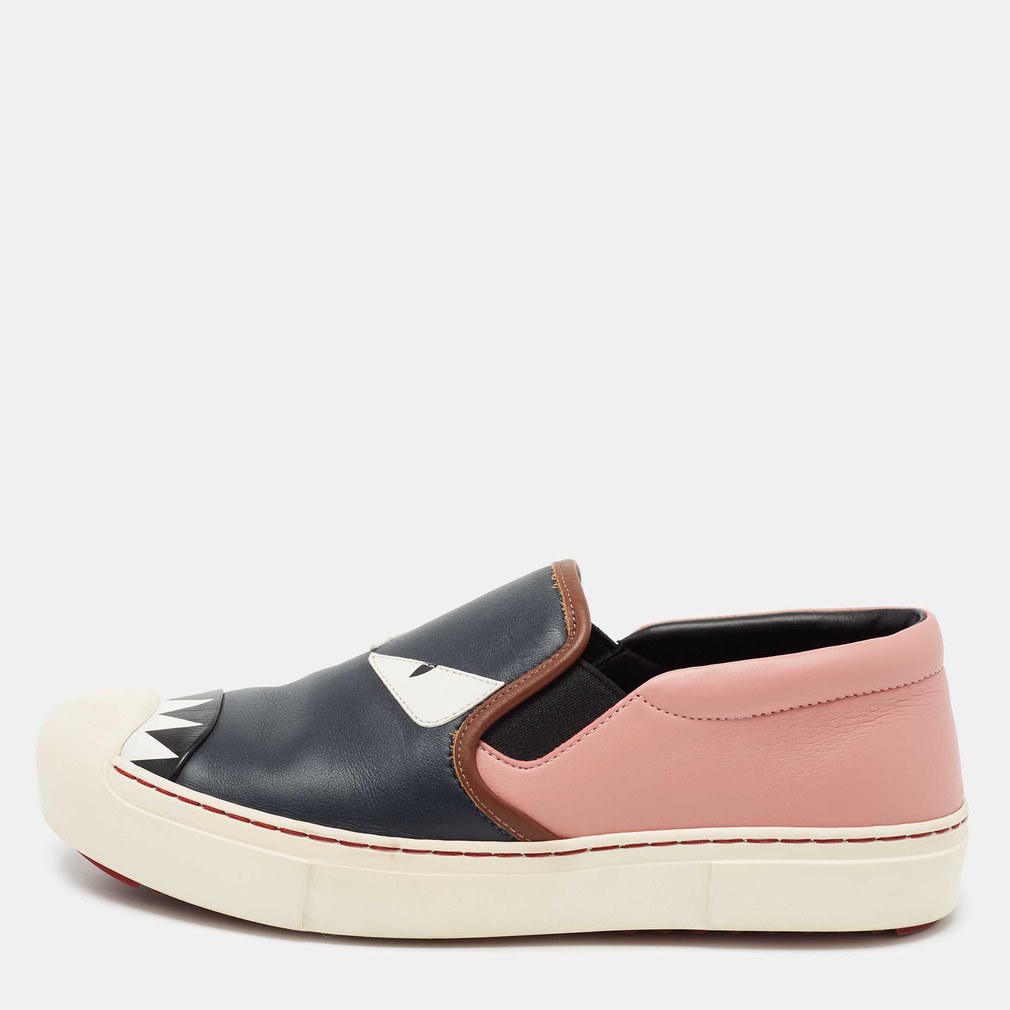 Pre Owned Fendi Multicolor Leather Monster Slip On Sneakers Size 38
