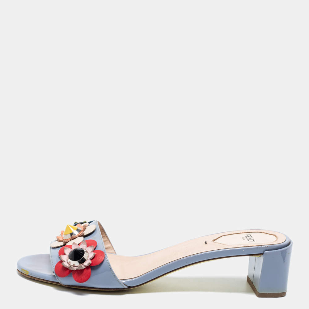 Fendi Blue Patent Leather Flowerland Block Heel Slides Size 39