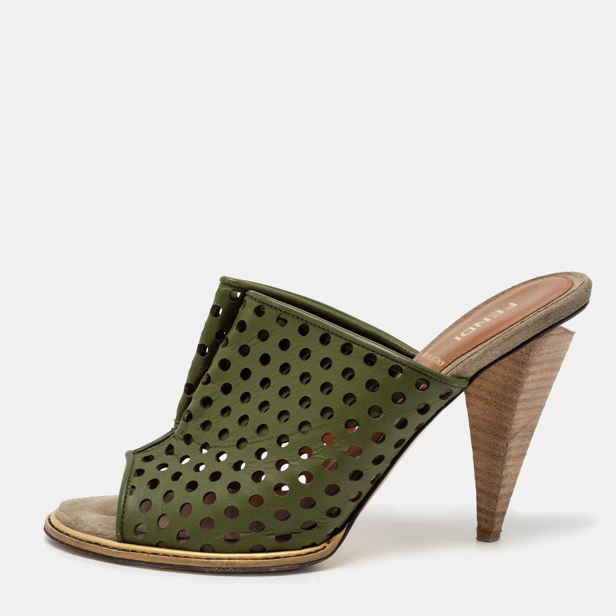Pre Owned Fendi Green Perforated Leather Mules Size 38.5
