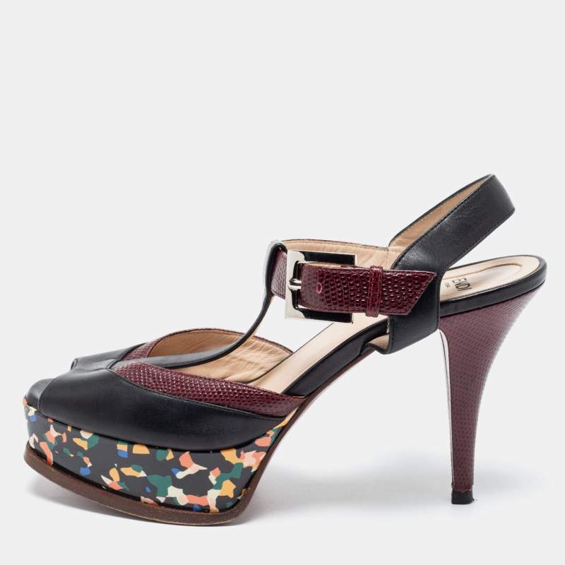 Pre Owned Fendi Multicolor Lizard Embossed And Leather Fendista Platform Sandals Size 38