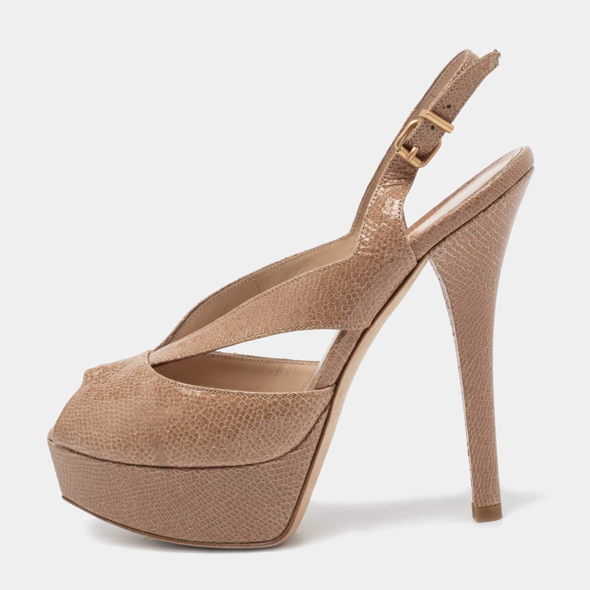 Pre Owned صندل فندي فنديستا جلد مجعد بني فاتح بحزام خلفي للكاحل نعل سميك مقدمة مفتوحة مقاس 38