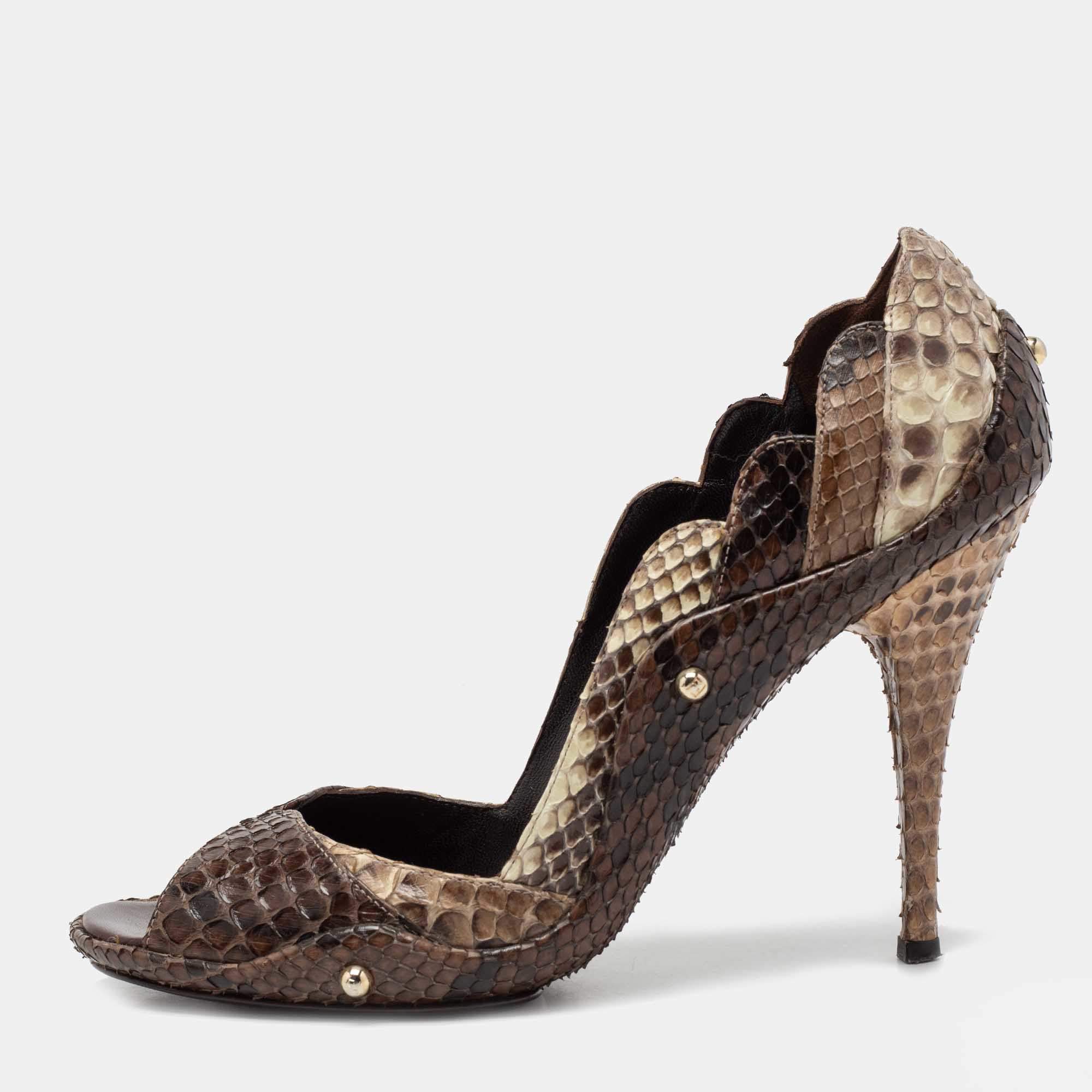 Pre Owned Fendi Brown/Beige Python Peep Toe Pumps Size 37.5