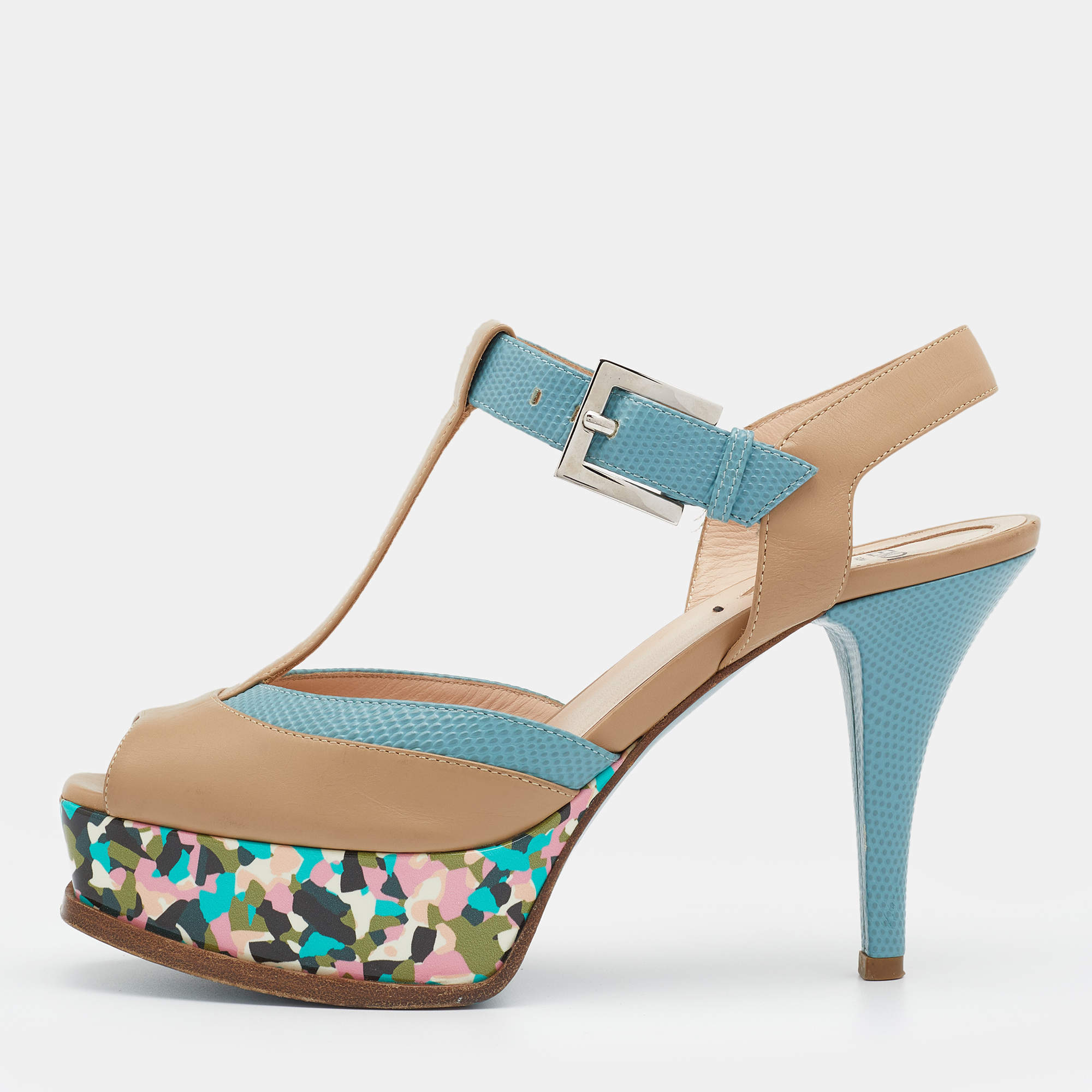 Fendi Beige/Blue Lizard Embossed And Leather Fendista T Strap Platform Sandals Size 37