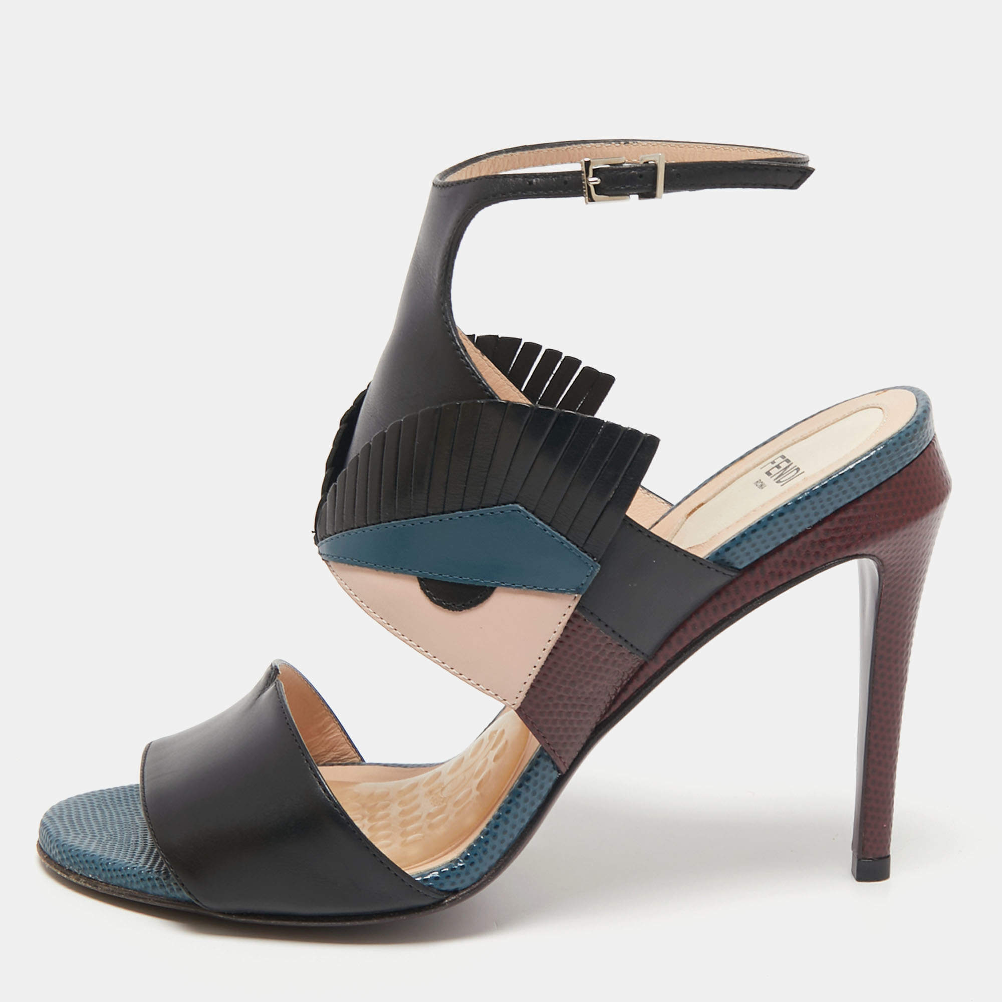 Pre Owned Fendi Multicolor Leather And Lizard Monster Bugs Ankle Strap Sandals Size 37