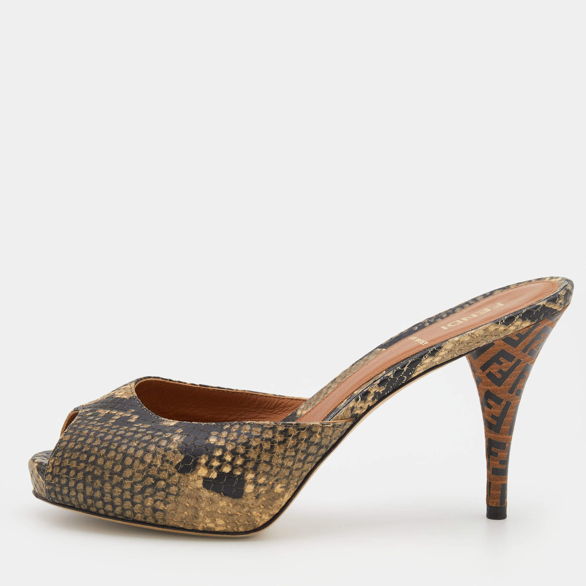 Pre Owned Fendi Beige/Brown Python Embossed Leather Peep Toe Mules Size 38.5