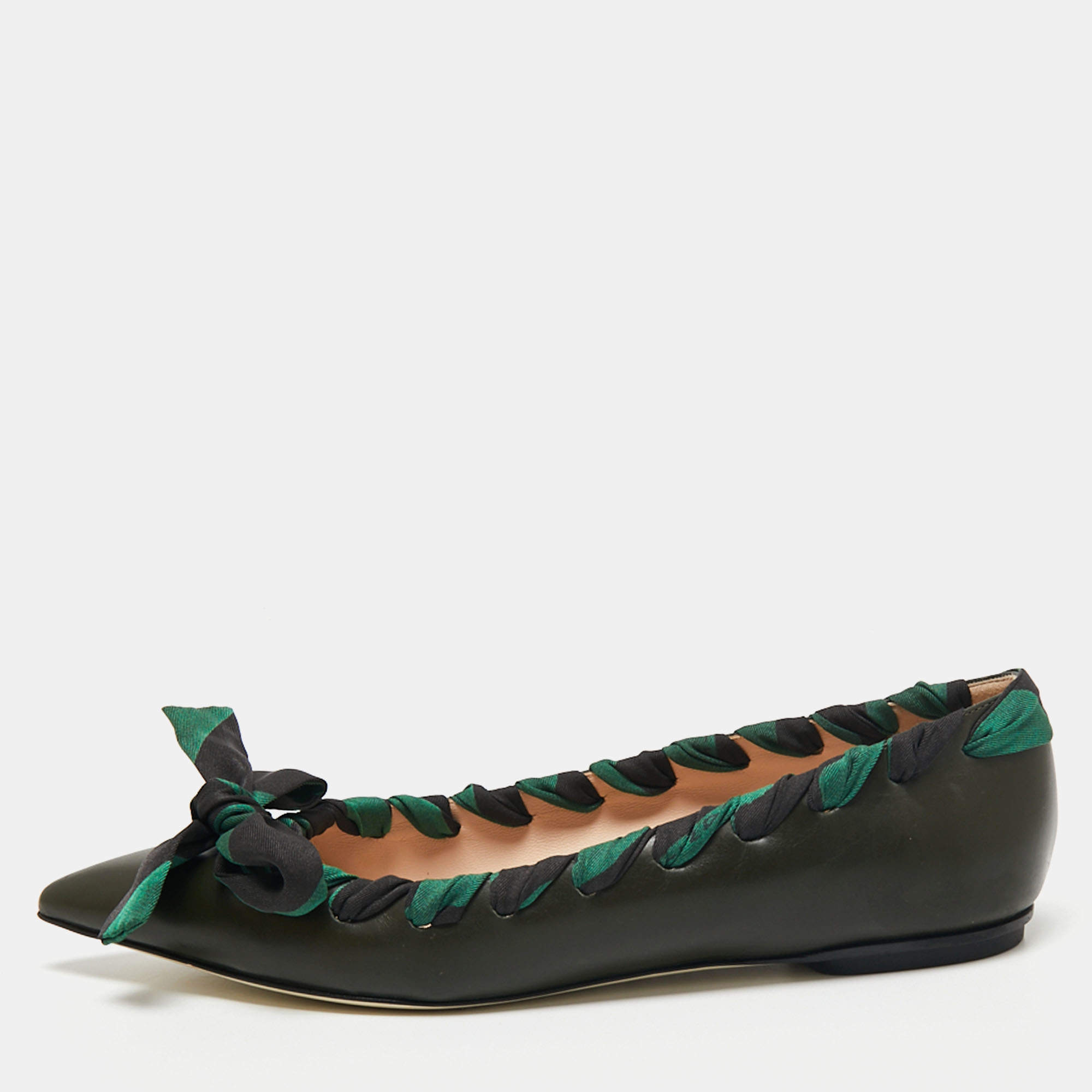 Pre Owned Fendi Dark Green Leather And Fabric Bow Pointed Toe Ballet Flats Size 38