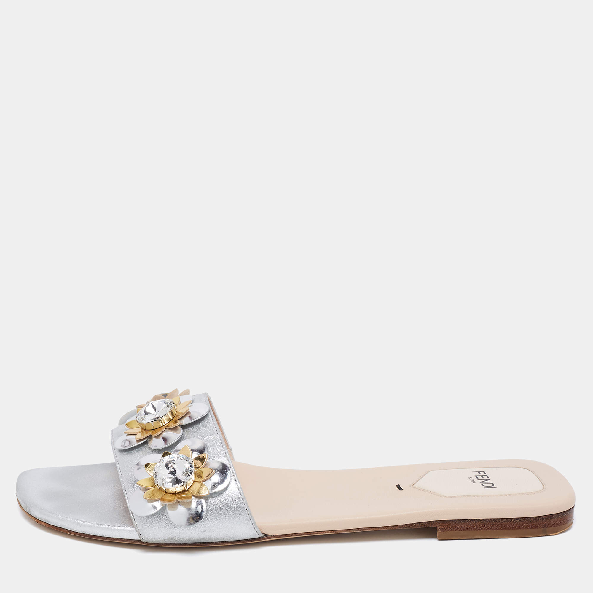 Fendi Silver Leather Flowerland Flat Slides 39