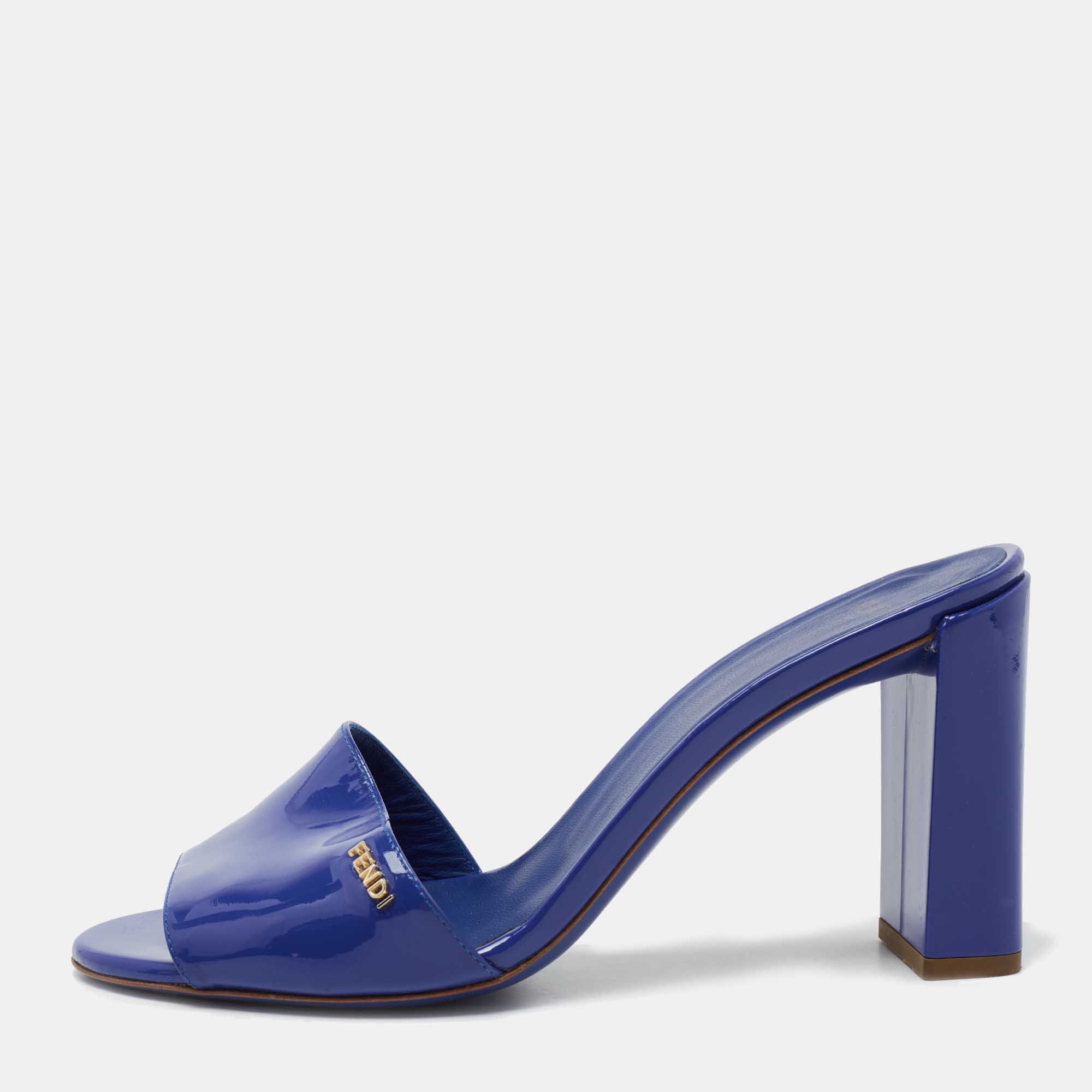 Pre Owned Fendi Blue Patent Leather Block Heel Slides Size 39