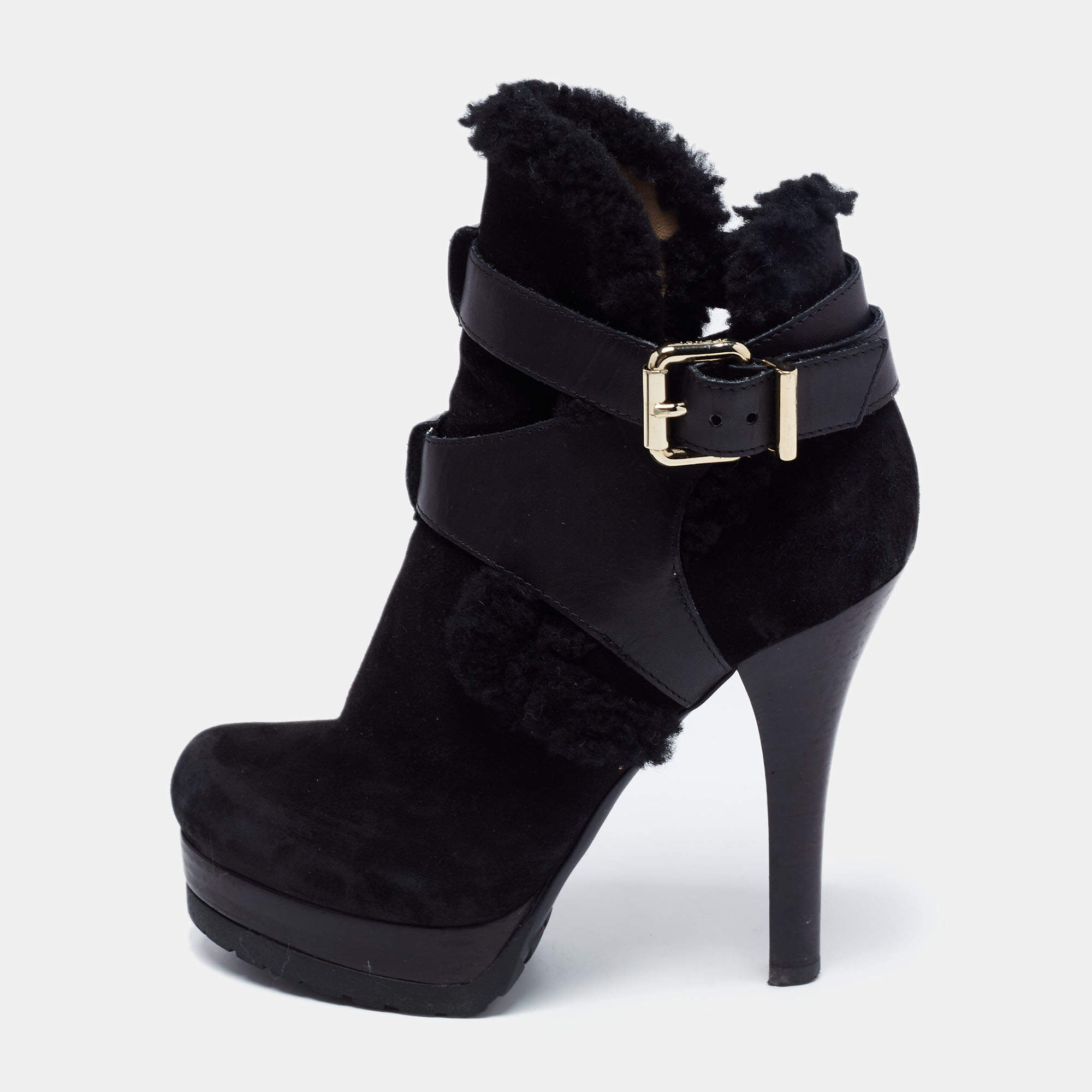 Pre Owned Fendi Black Suede, Leather and Fur Platform Ankle Booties Size 35