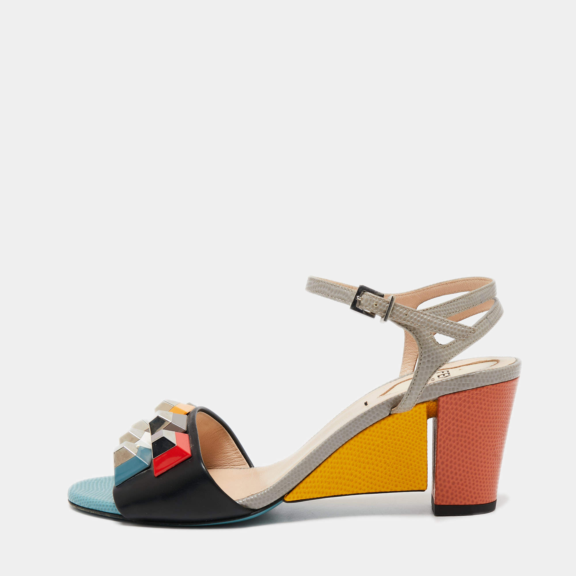 Pre Owned Fendi Multicolor Lizard Embossed and Leather Fantasia Studded Ankle-Strap Sandals Size 37