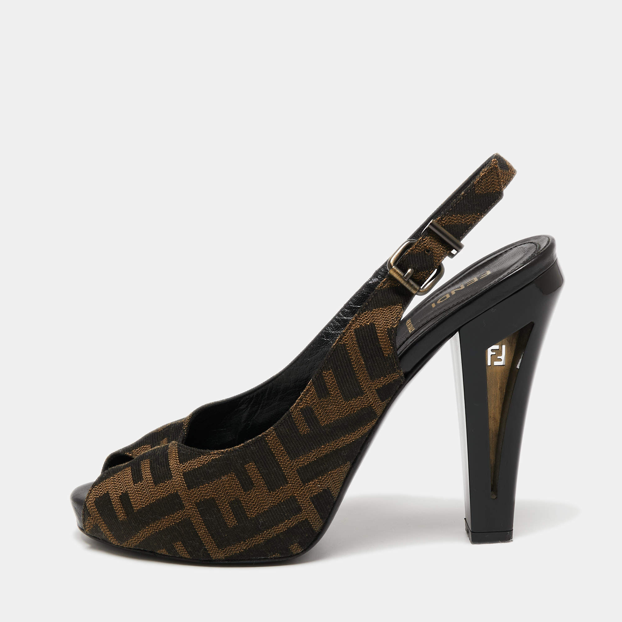 Pre Owned Fendi Two-Tone Zucca Canvas Peep Toe Slingback Sandals Size 39