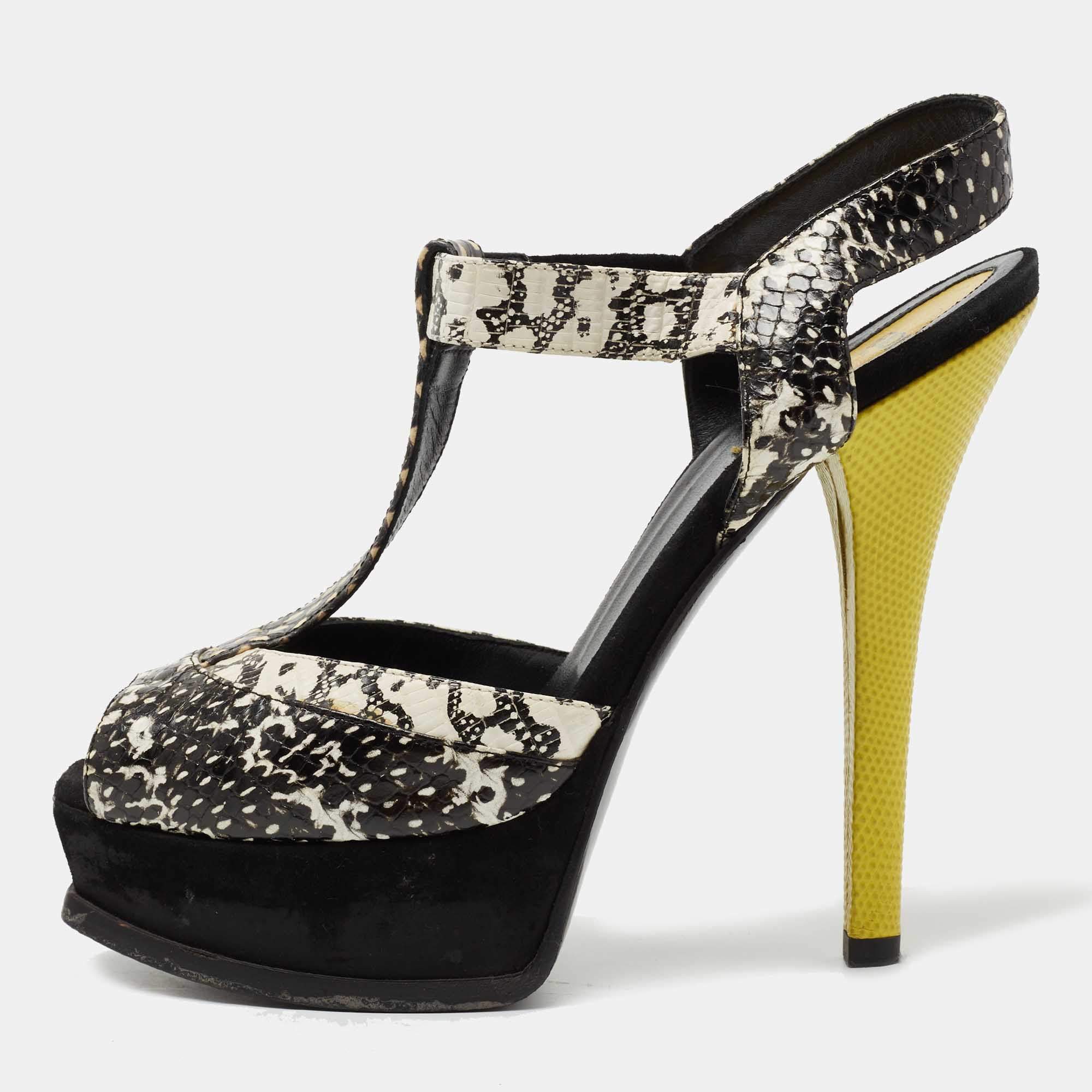 Fendi Black/White Python Embossed Leather T-Strap Platform Sandals Size 38