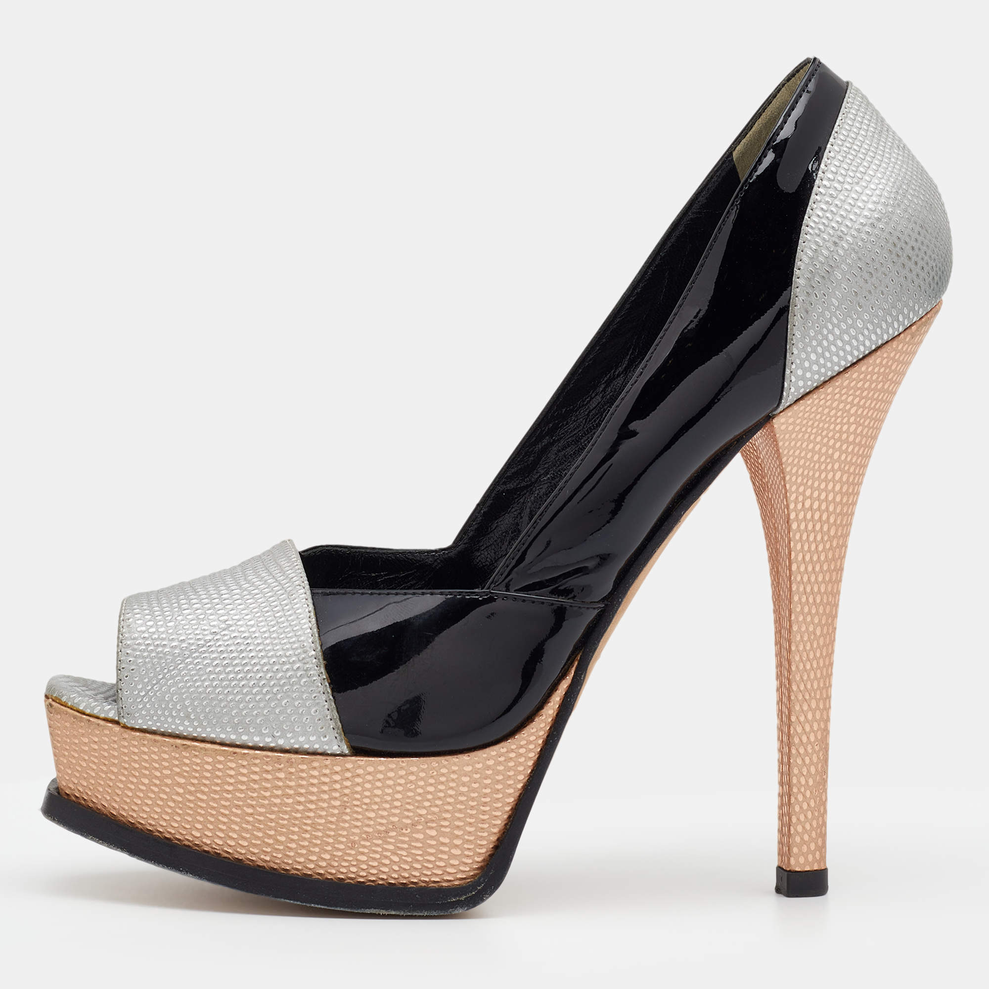 Pre Owned Fendi Silver/Black Lizard Embossed And Patent Leather Fendista Open Toe Platform Pumps Size 39