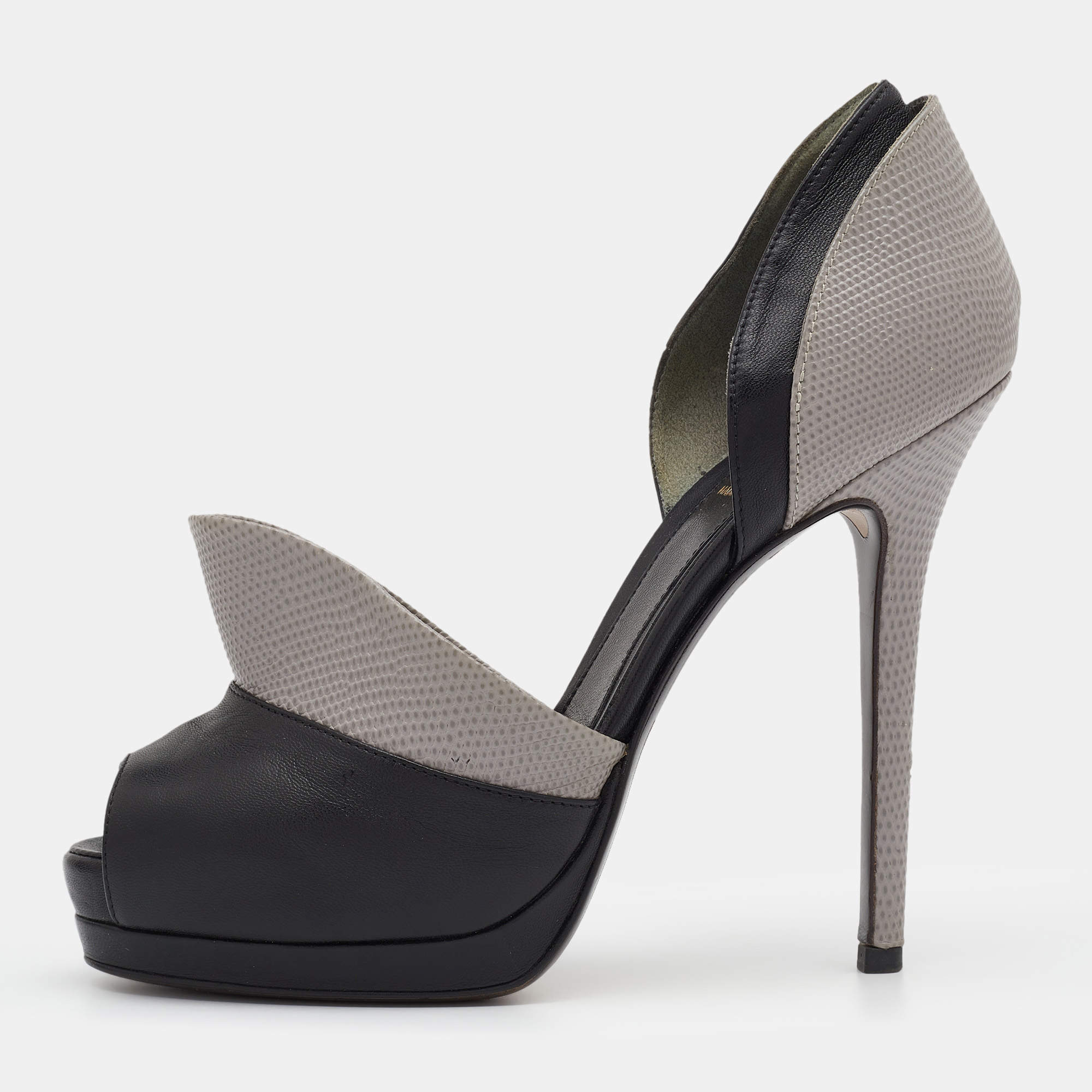 Pre Owned Fendi Black/Grey Lizard Embossed Leather Anemone Peep-Toe Pumps Size 38