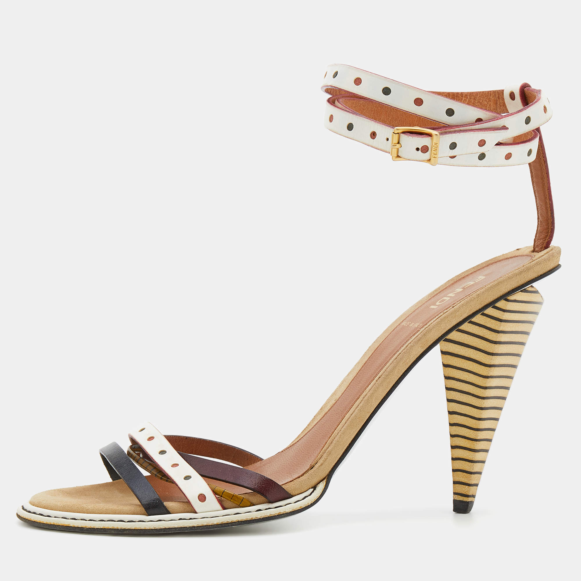 Fendi Multicolor Leather Perforated Ankle Strap Sandals Size 40