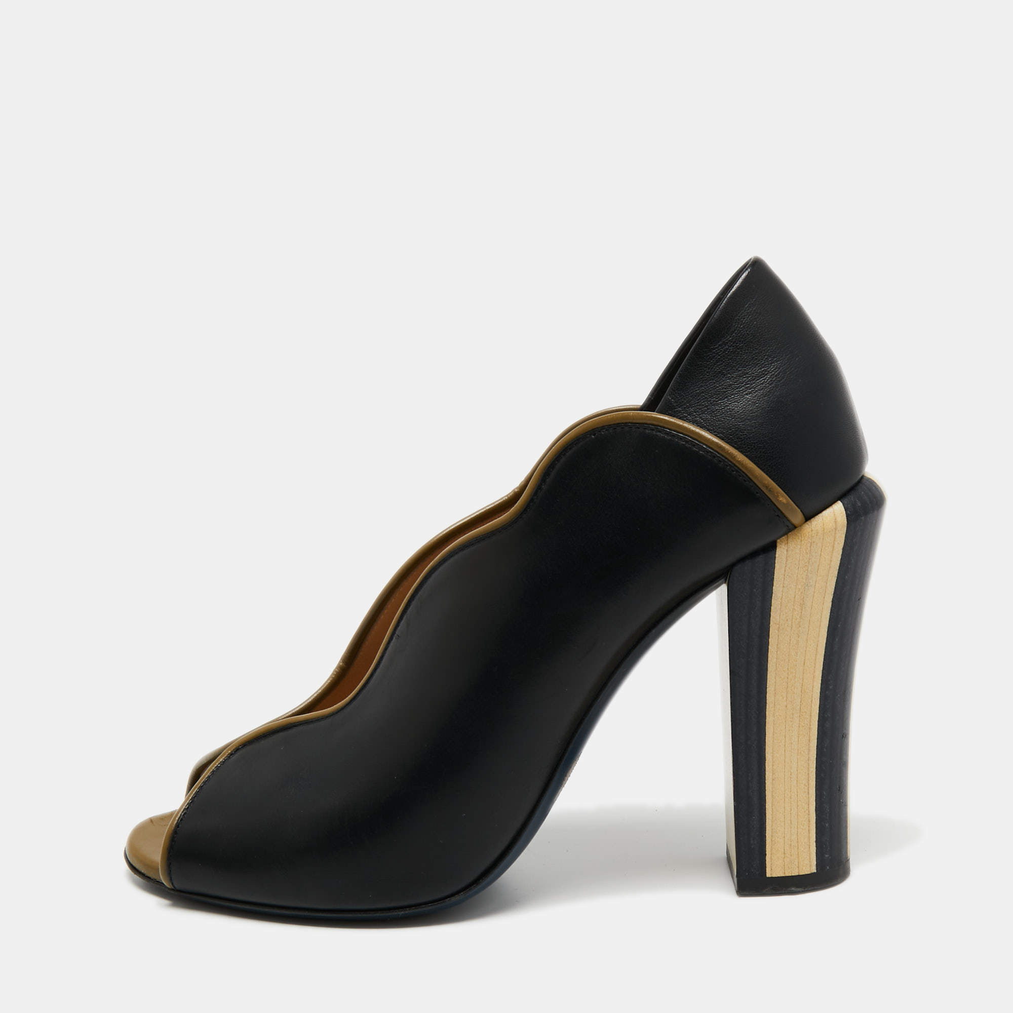 Pre Owned Fendi Black/Olive Green Wave Leather Block Heel Peep Toe Pumps Size 40