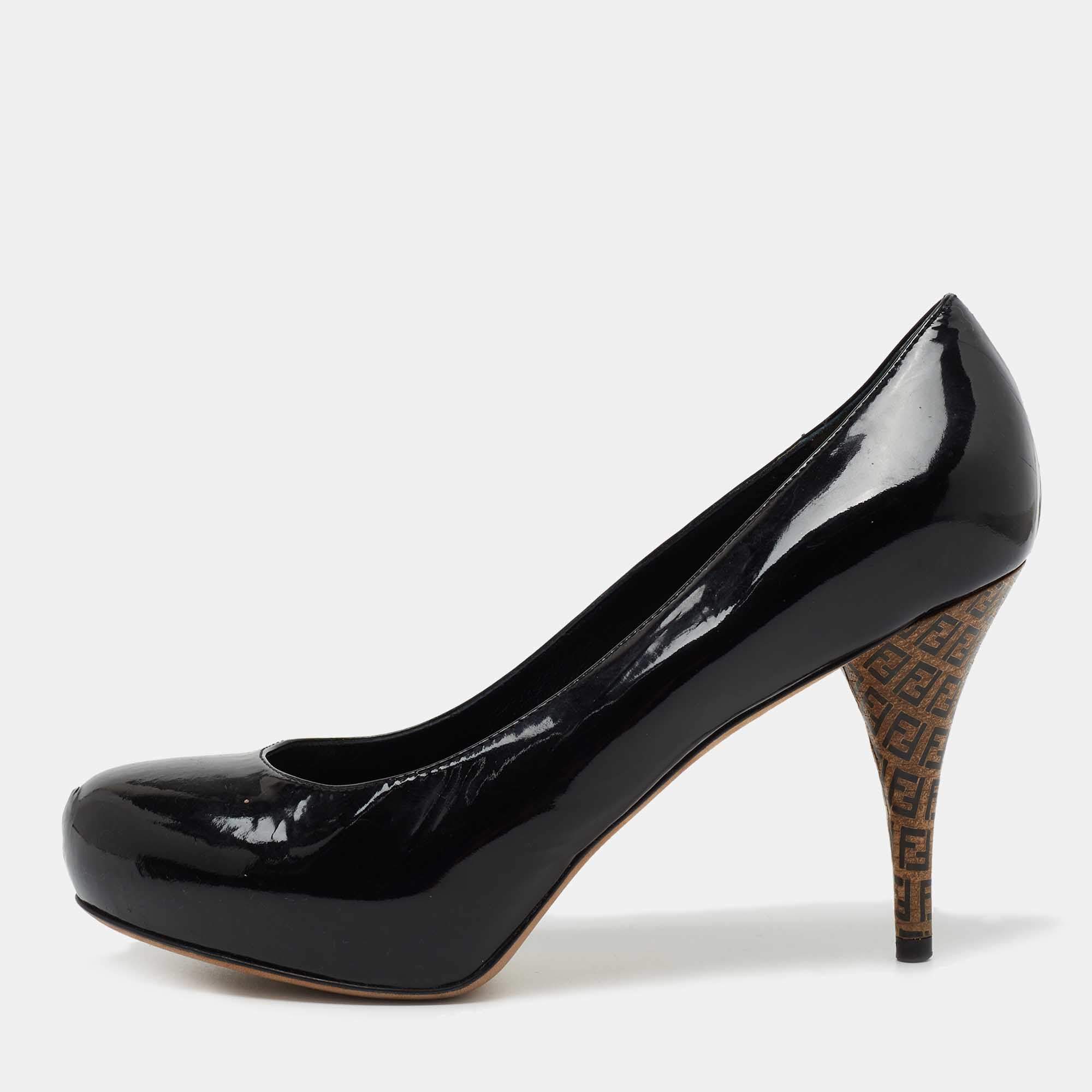 Pre Owned Fendi Black Patent Leather Platform FF Superstar Pump Size 38