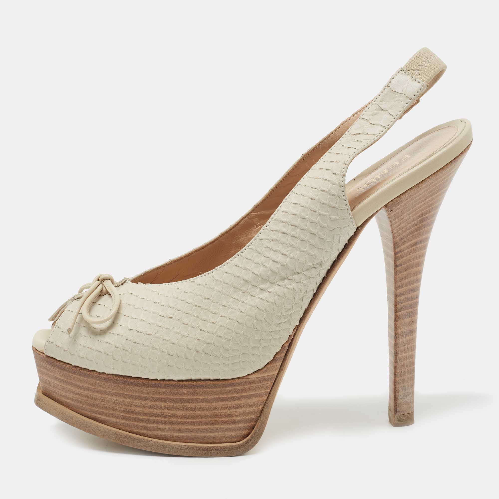 Pre Owned Fendi Light Grey Python Embossed Leather Fendista Bow Slingback Pumps Size 38.5