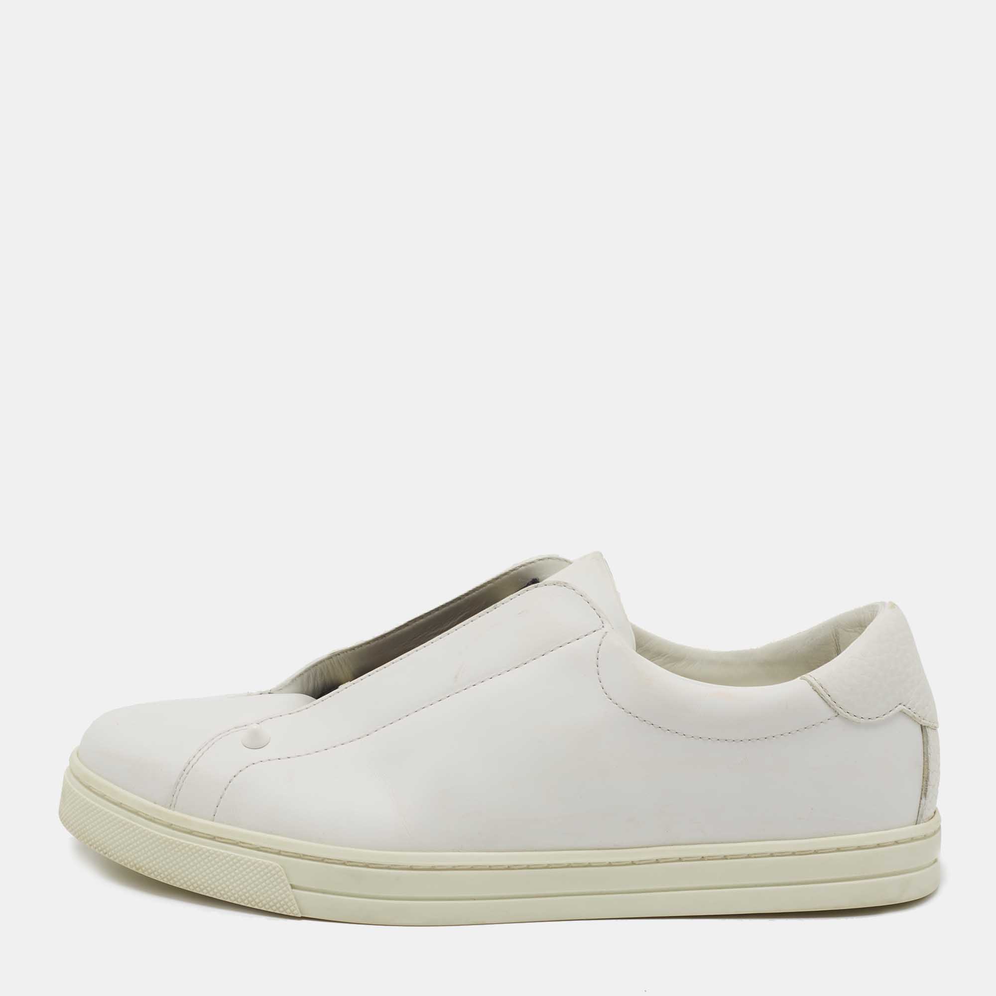 Pre Owned Fendi White Leather Knitted Logo Rockoclick Low Top Sneakers Size 38