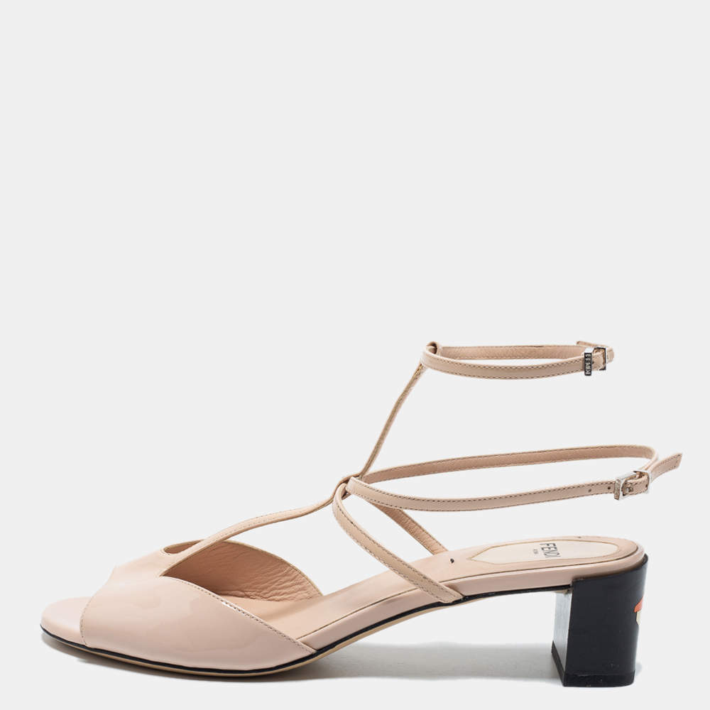Pre Owned Fendi Nude Pink Patent Leather Ankle Strap Sandals Size 38