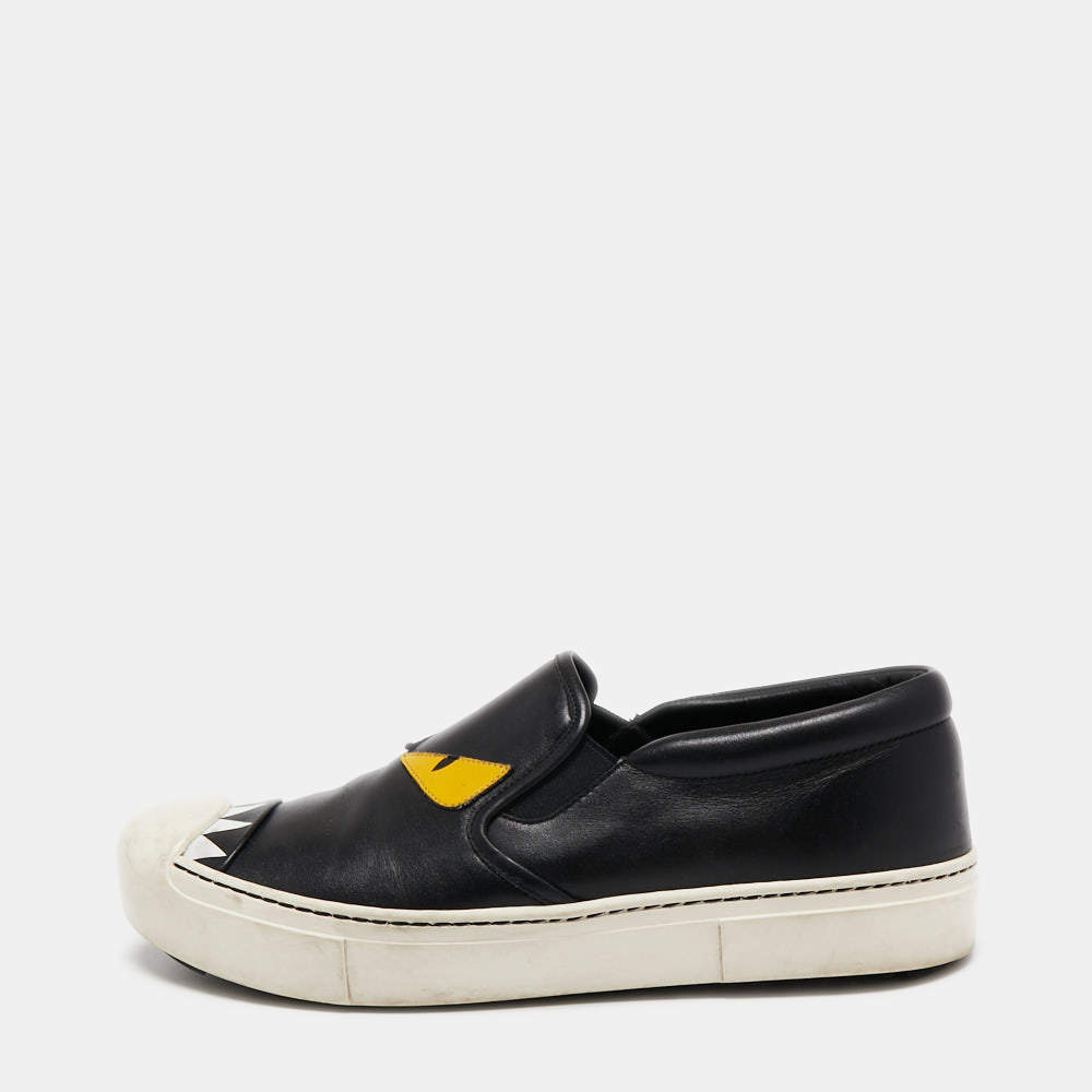 Fendi Black Leather Monster Slip On Sneakers Size 38.5 Fendi
