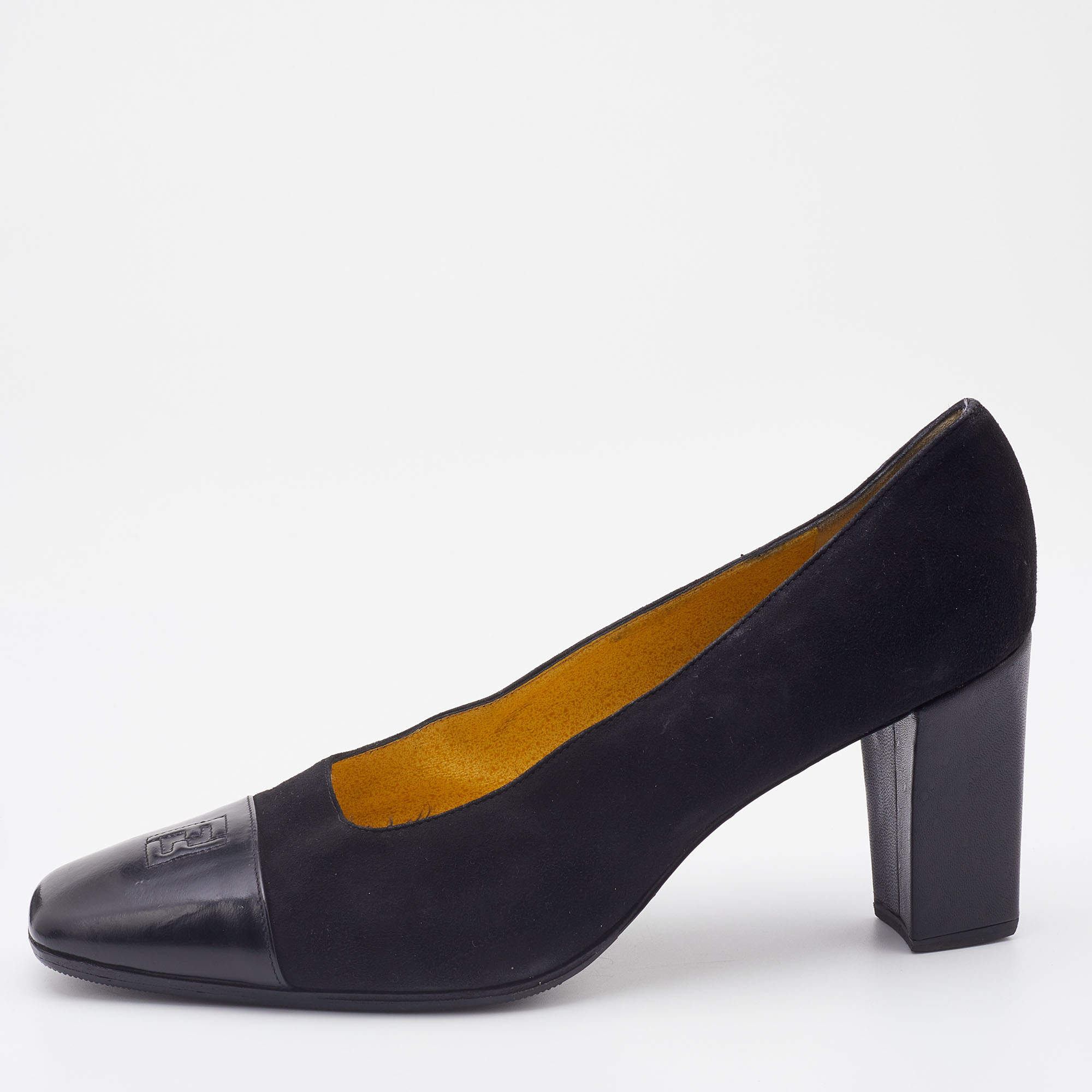 Pre Owned Fendi Vintage Black Suede and Leather Block Heel Pumps Size 38.5