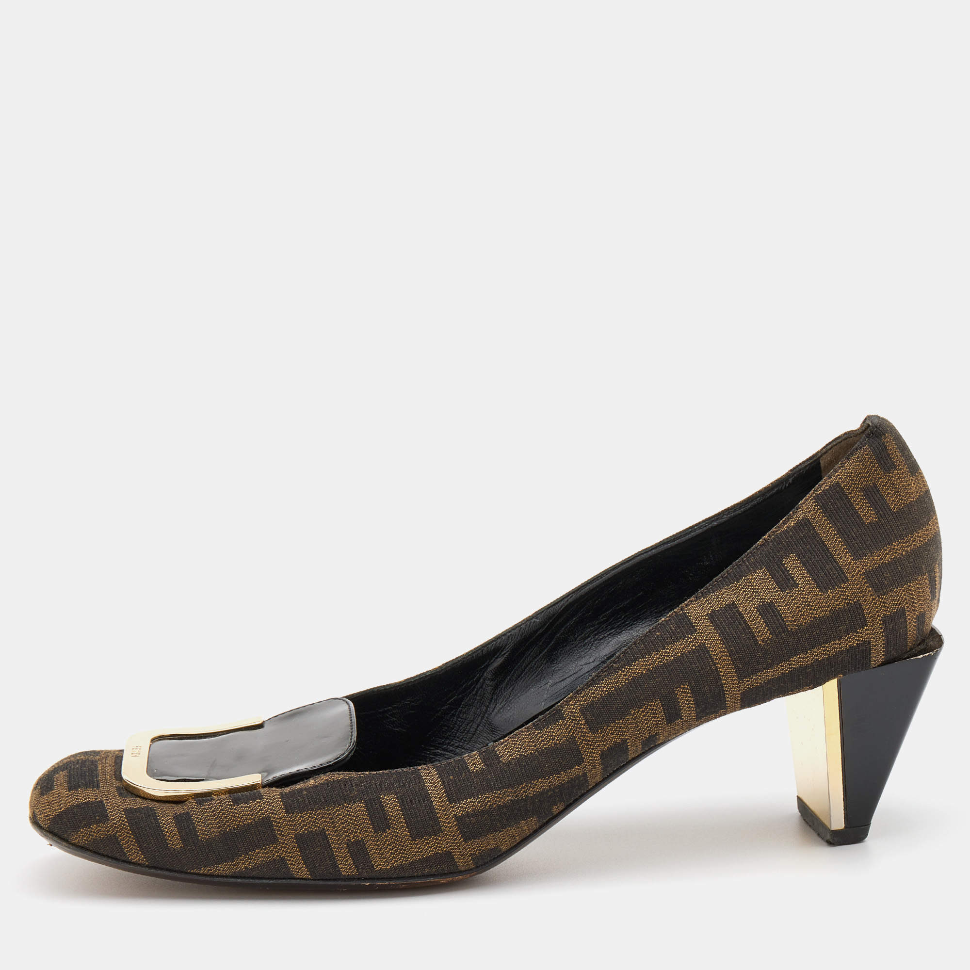 Pre Owned Fendi Brown/Black Zucca Canvas and Patent Leather Square Toe Pumps Size 41