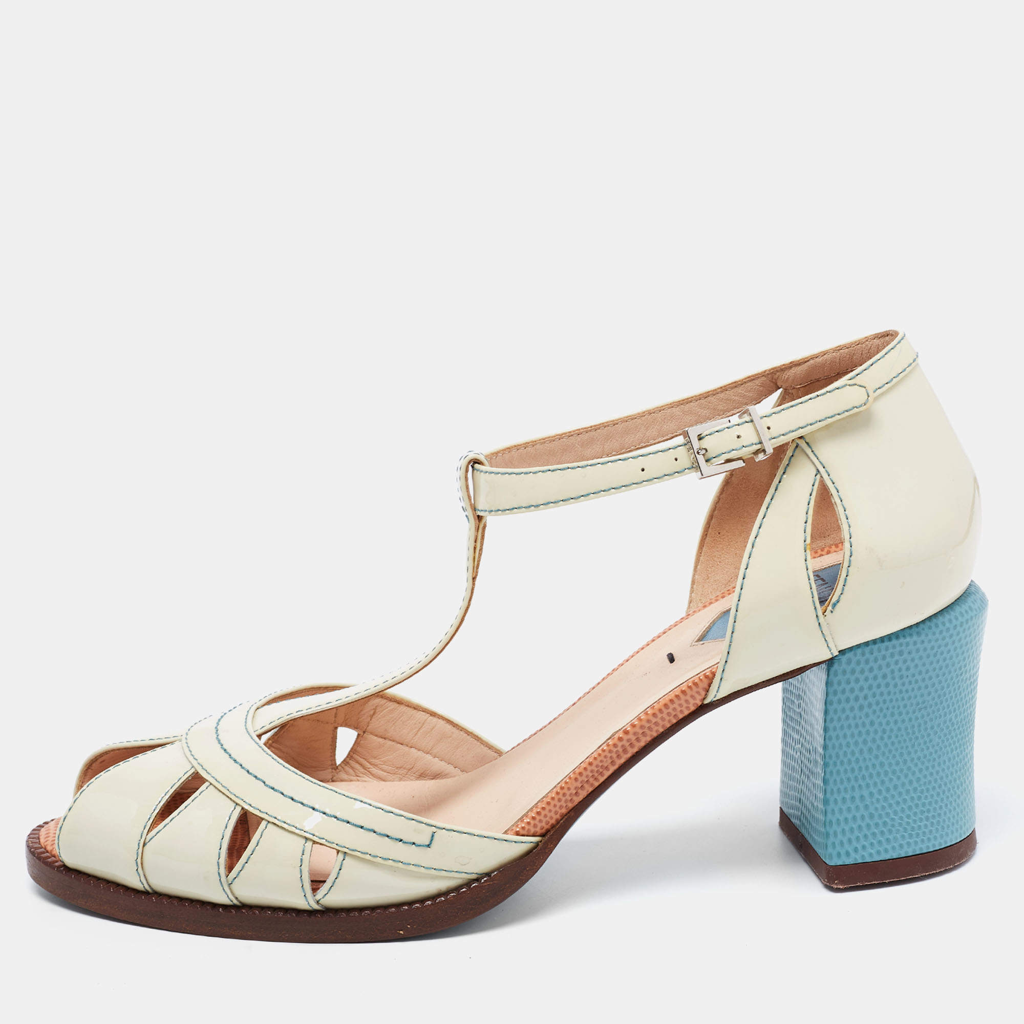 Pre Owned Fendi Cream Patent Leather Peep Toe T-Strap Sandals Size 38.5