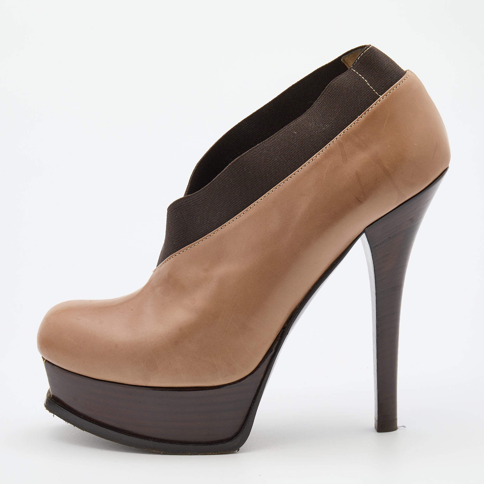 Pre Owned Fendi Brown Leather and Elastic Fendista Criss Cross Platform Booties Size 39
