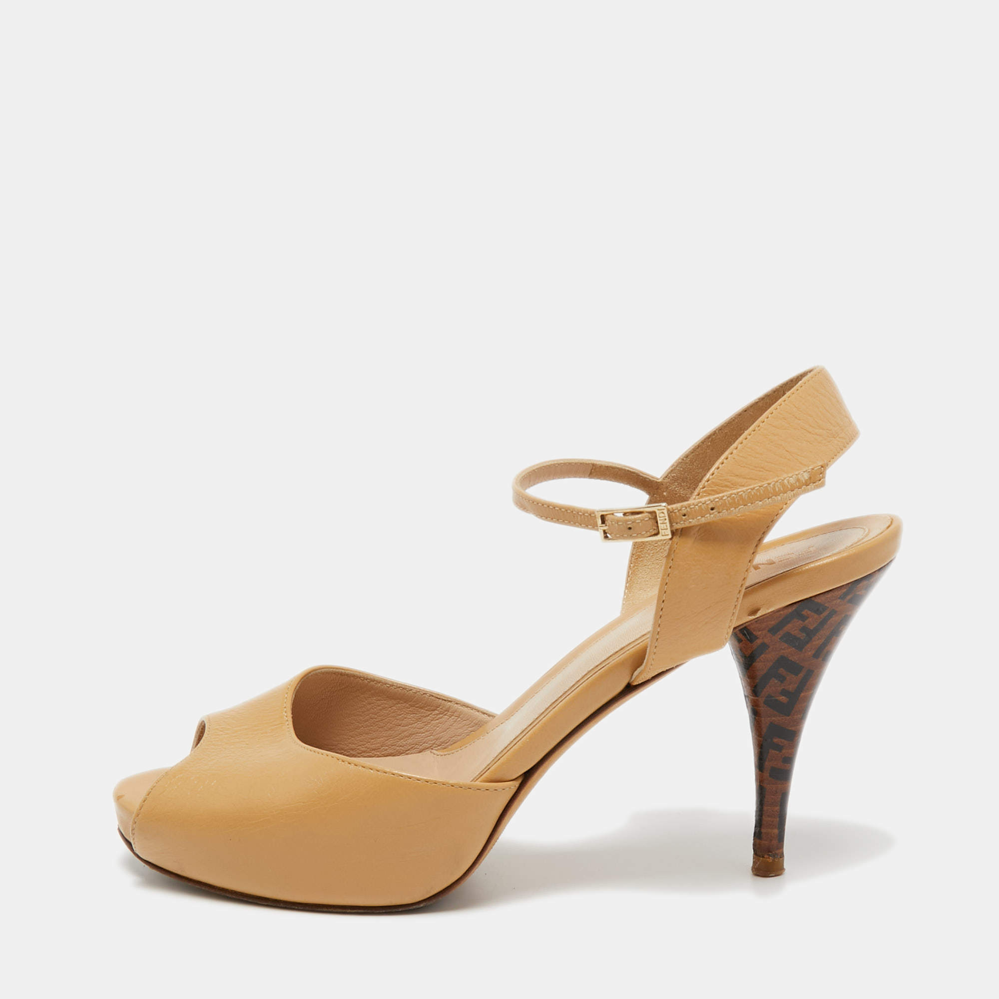 Pre Owned Fendi Beige Leather Zucca Print Heel Peep Toe Ankle Strap Sandals Size 37