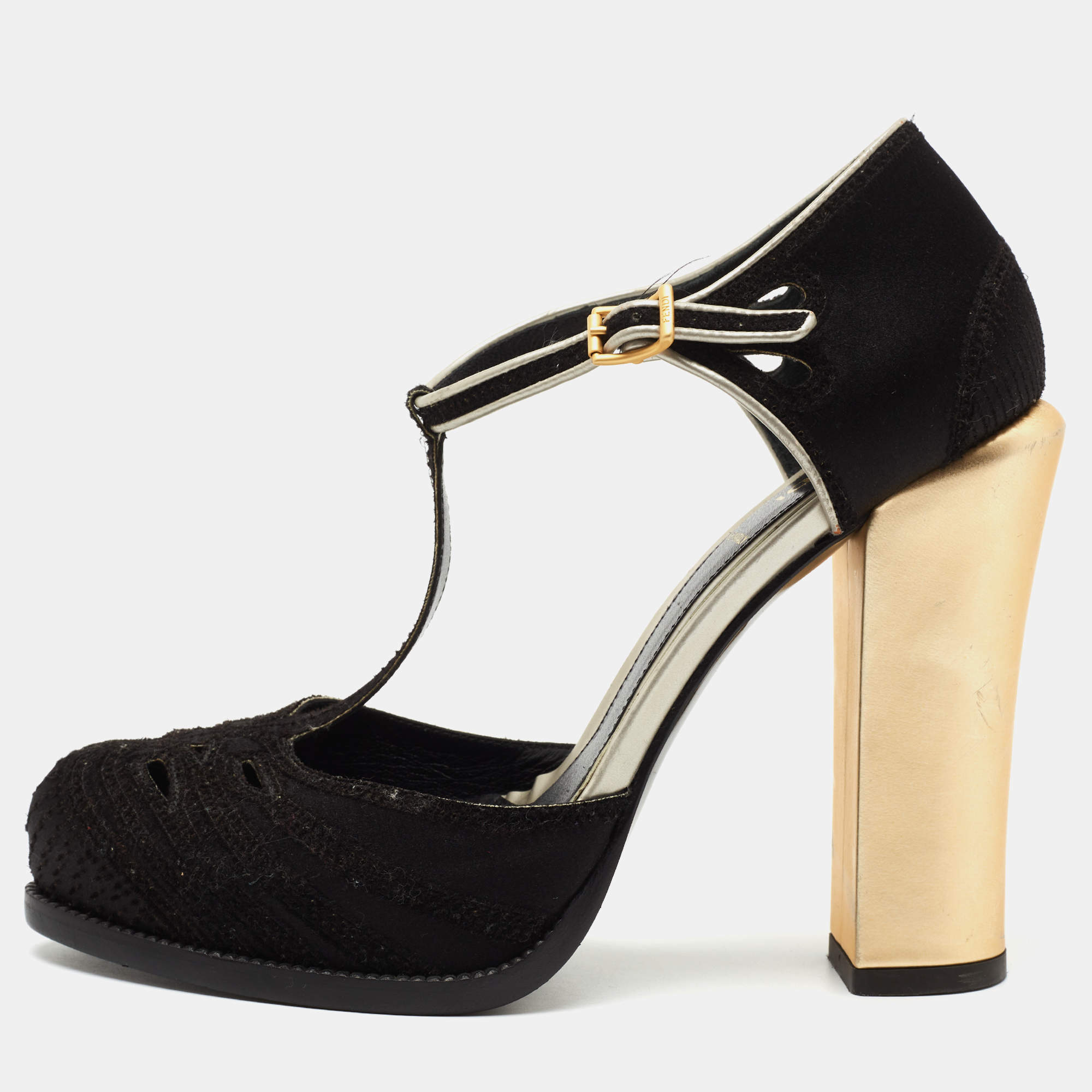 Pre Owned Fendi Black Cut Out Satin T-Strap Pumps Size 39