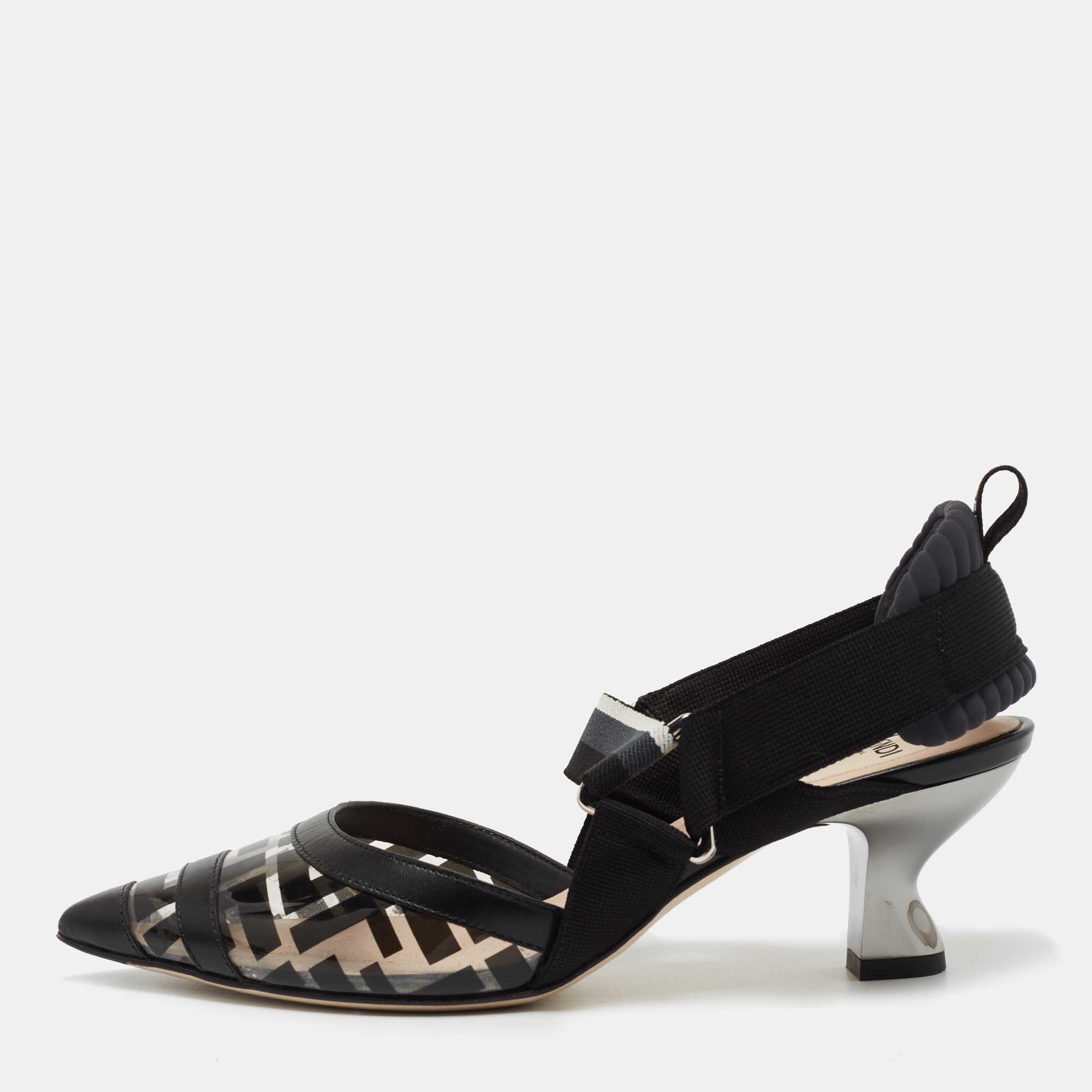Fendi Black Leather and Zucca PVC Colibri Slingback Pumps Size 37