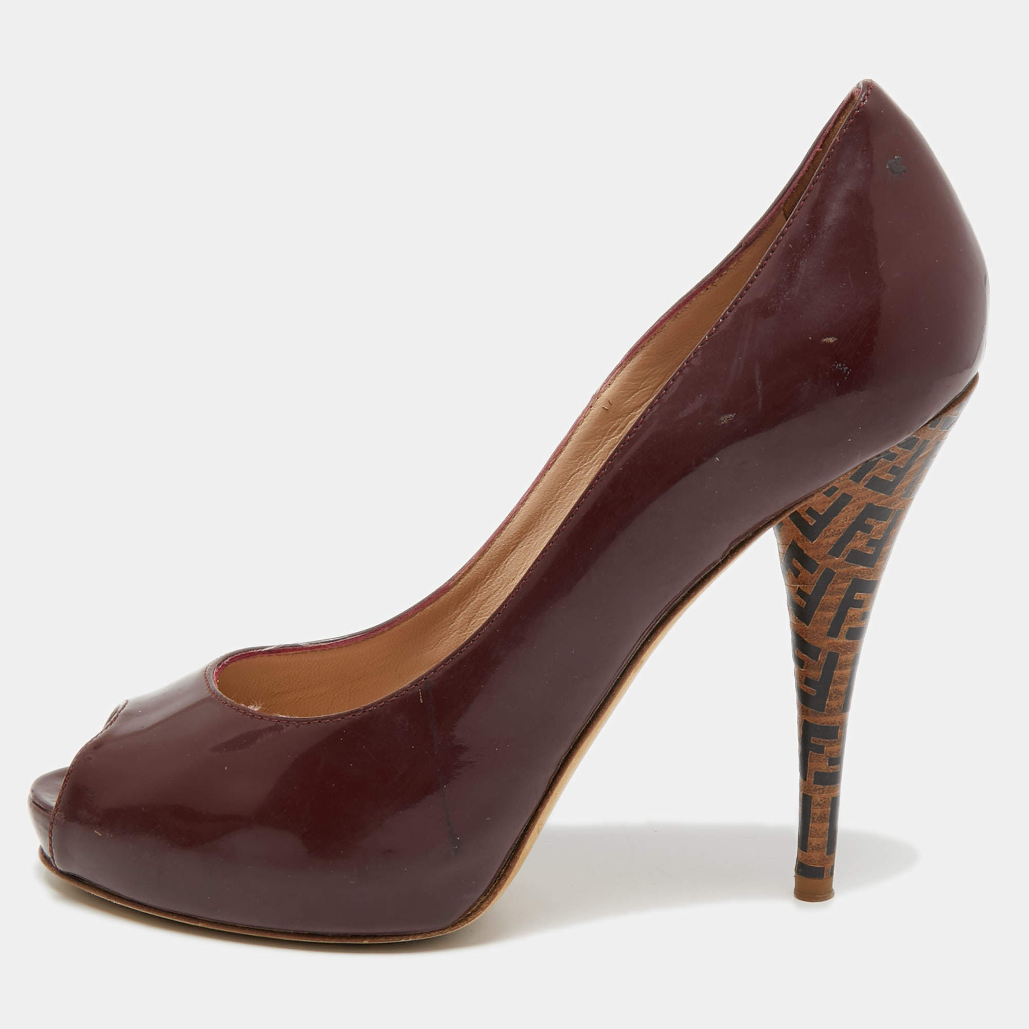 Fendi Burgundy Patent Leather Zucca Print Heel Peep Toe Pumps Size 38